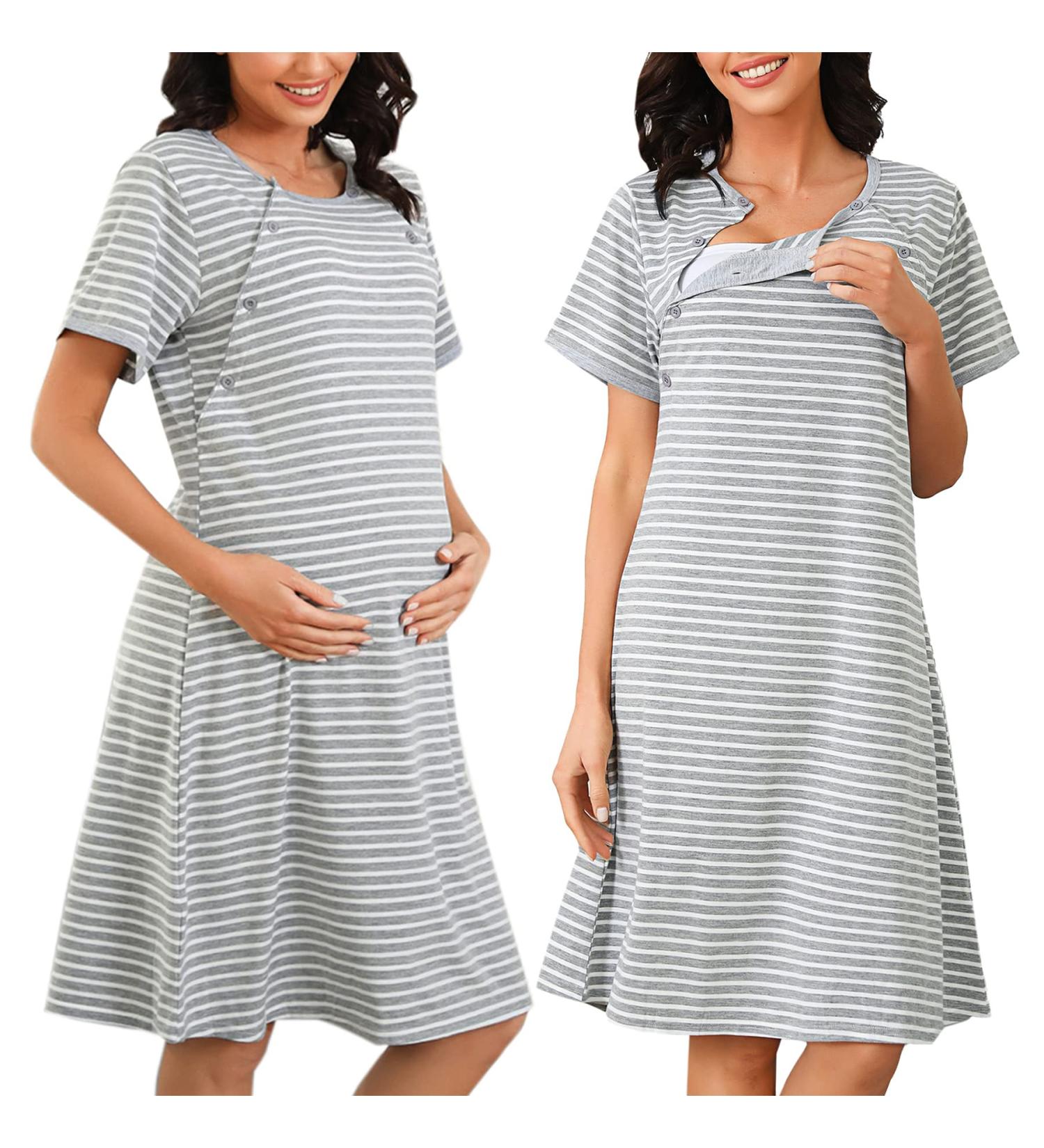 Sykooria Women's Maternity Nightdress | Nursing Nightgown | V Neck Pajama Tops | Soft Loungewear for Pregnant Women - Stripe Light Grey XL - Buy Online on GoSupps.com