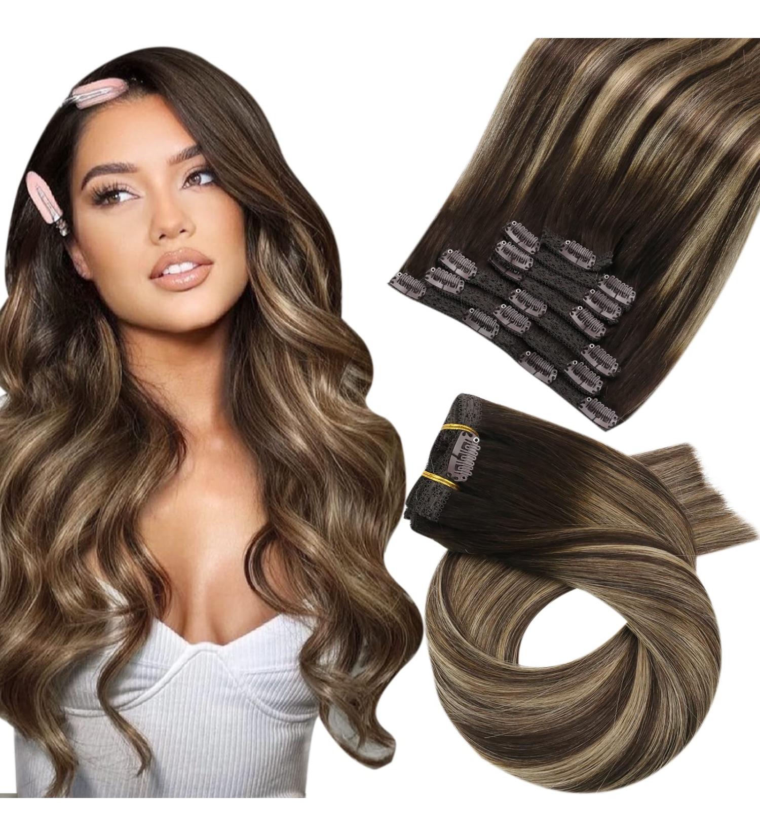 Moresoo 18 Inch Remy Clip in Hair Extensions Dark Brown with Caramel Blonde Balayage - 7PCS 120G Double Weft Clip in Human Hair Extensions #4/27/4 - Buy Online on GoSupps.com