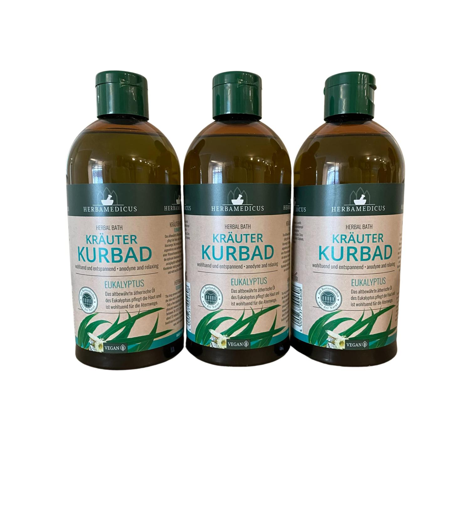 Herbal Bath Eucalyptus Set of 3 Bath Additive Bubble Bath Spa Bath with Essential Oils Herbal Bath Herbamedicus 3 x 500ml