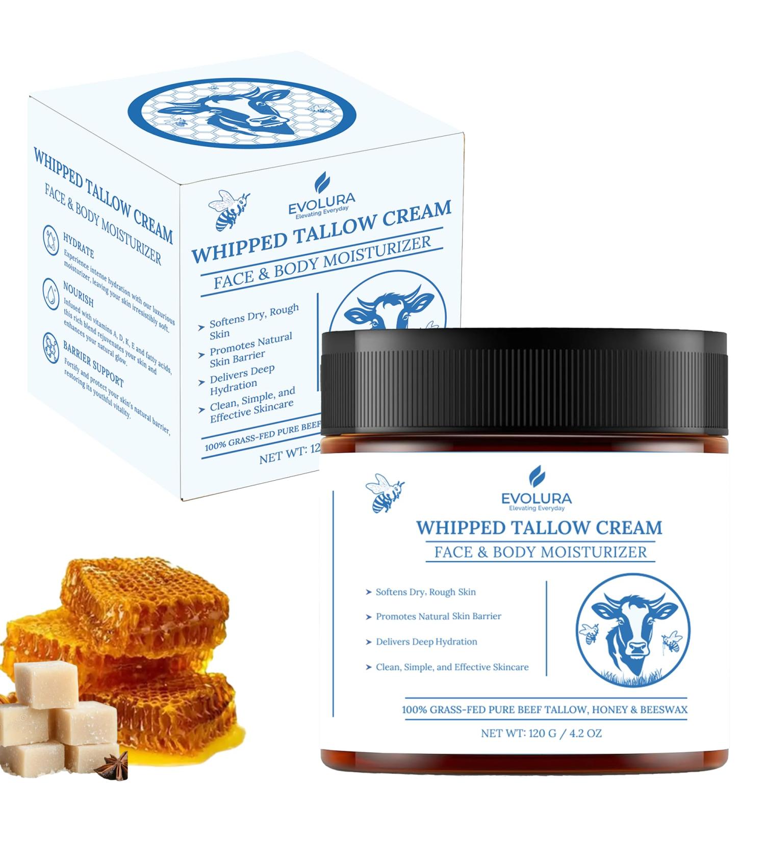 EVOLURA Grass-Fed Beef Tallow Honey Balm Whipped Moisturizer with Honey Shea Butter & Vitamin E Facial Moisturizer & Body Lotion for Dry and Sensitive Skin 4.2oz - Buy Online on GoSupps.com