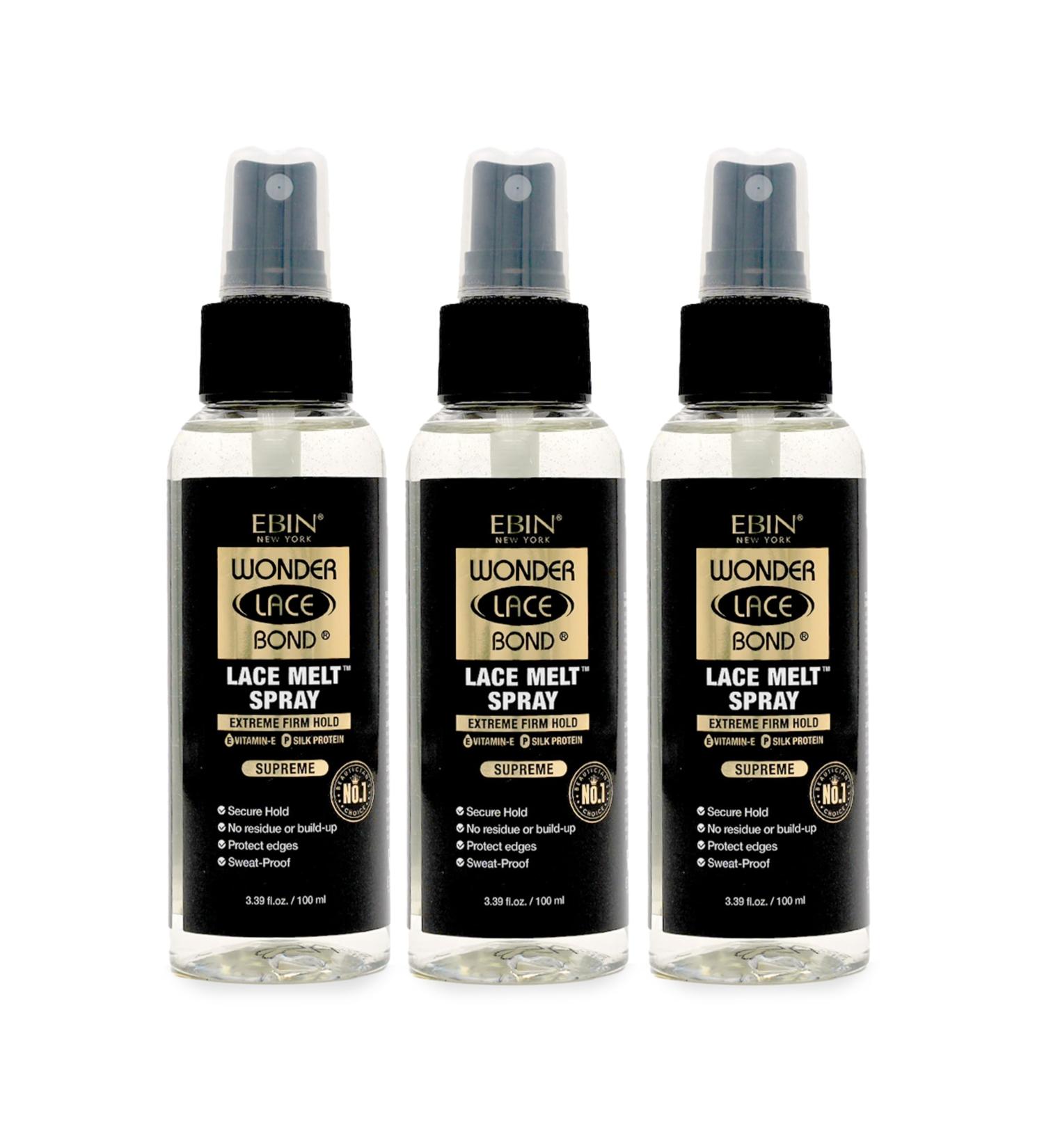 EBIN NEW YORK Wonder Lace Bond Lace Melt Spray - Extreme Firm Hold (Supreme) | Flawless Natural and Seamleass finish No Reside Long Lasting Formula with Protecting Edges Perfect for wigs 3pack 1.13 Fl Oz (Pack of 3) Supreme - Buy Online on GoSupps.com