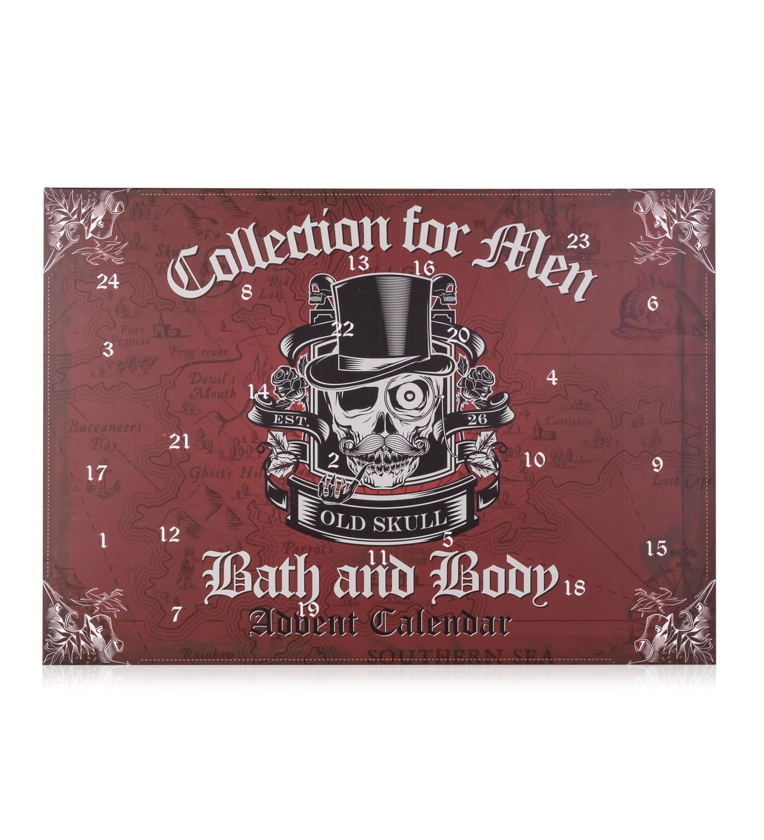 Accentra Advent calendar for men in the skull - design stylish beauty men Christmas calendar with 24 cosmetics and wellness surprises for personal hygiene with shower gel and much more.Old Skull