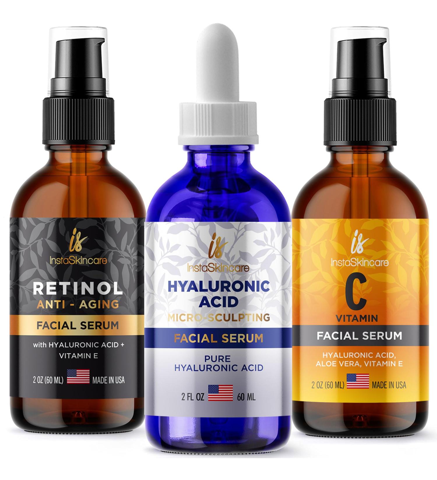 Pack of 3 Vitamin C Hyaluronic Acid & Retinol Serums - Anti-Aging Facial Treatment for Neck & Chest | Fights Pigmentation Fine Lines & Wrinkles - Buy Online on GoSupps.com