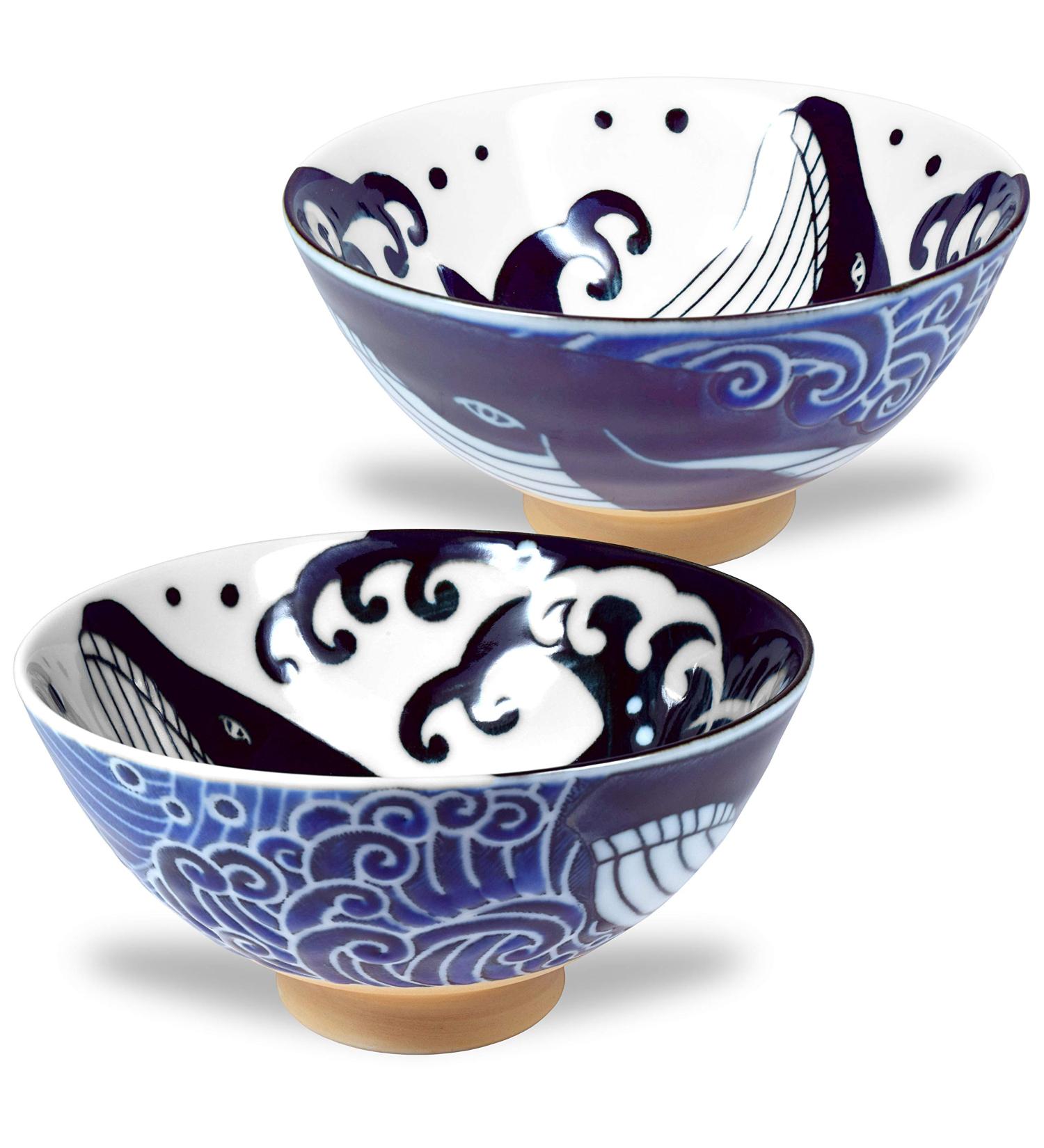 Mino Ware Japanese Rice Bowl Set of 2 - Wave Whale Chawan 4.6 inch 10oz for Rice, Ramen, Noodle Soup, Salad, and Pasta - Buy Online on GoSupps.com