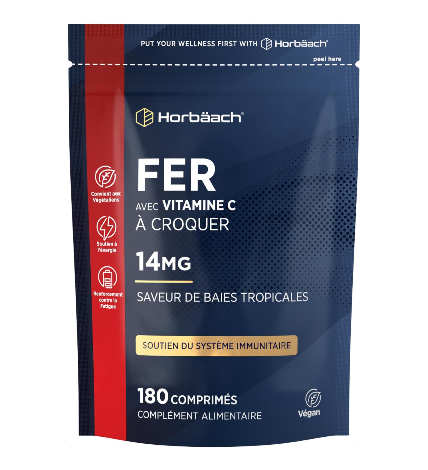 Fer Compl ment Alimentaire 14mg et Vitamine C 80mg | 180 Comprim s V gan Croquer | Haute Absorption Fer et Vitamine C | Haute Dosement | Iron Vitamin C Supplement | par Horbaach - Buy Online on GoSupps.com