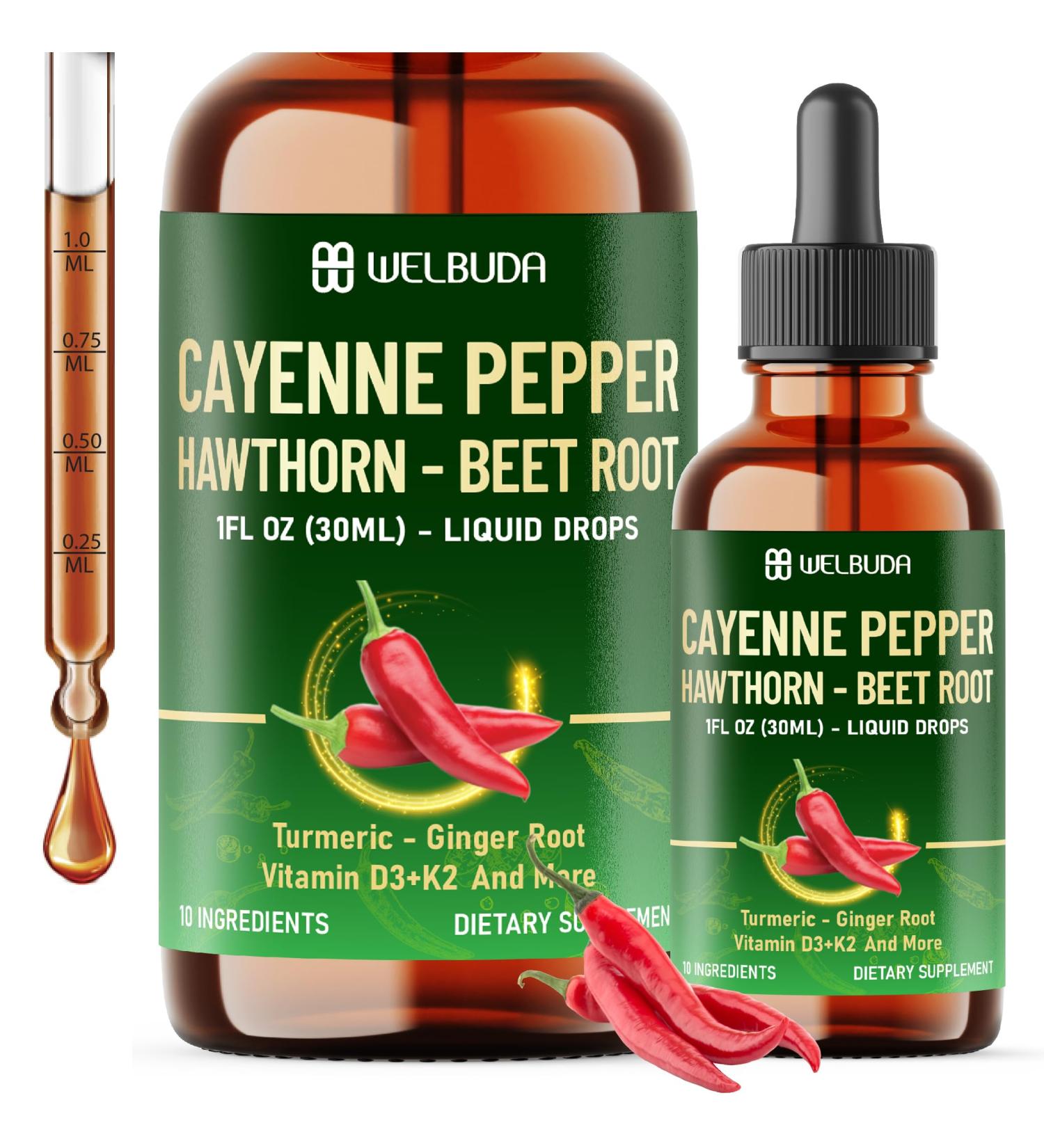 Cayenne Pepper Liquid Drops with Hawthorn Berry Beet Root Turmeric Ginger Ceylon Cinnamon Berberine - Nutrient Absorption - 30ml - Buy Online on GoSupps.com