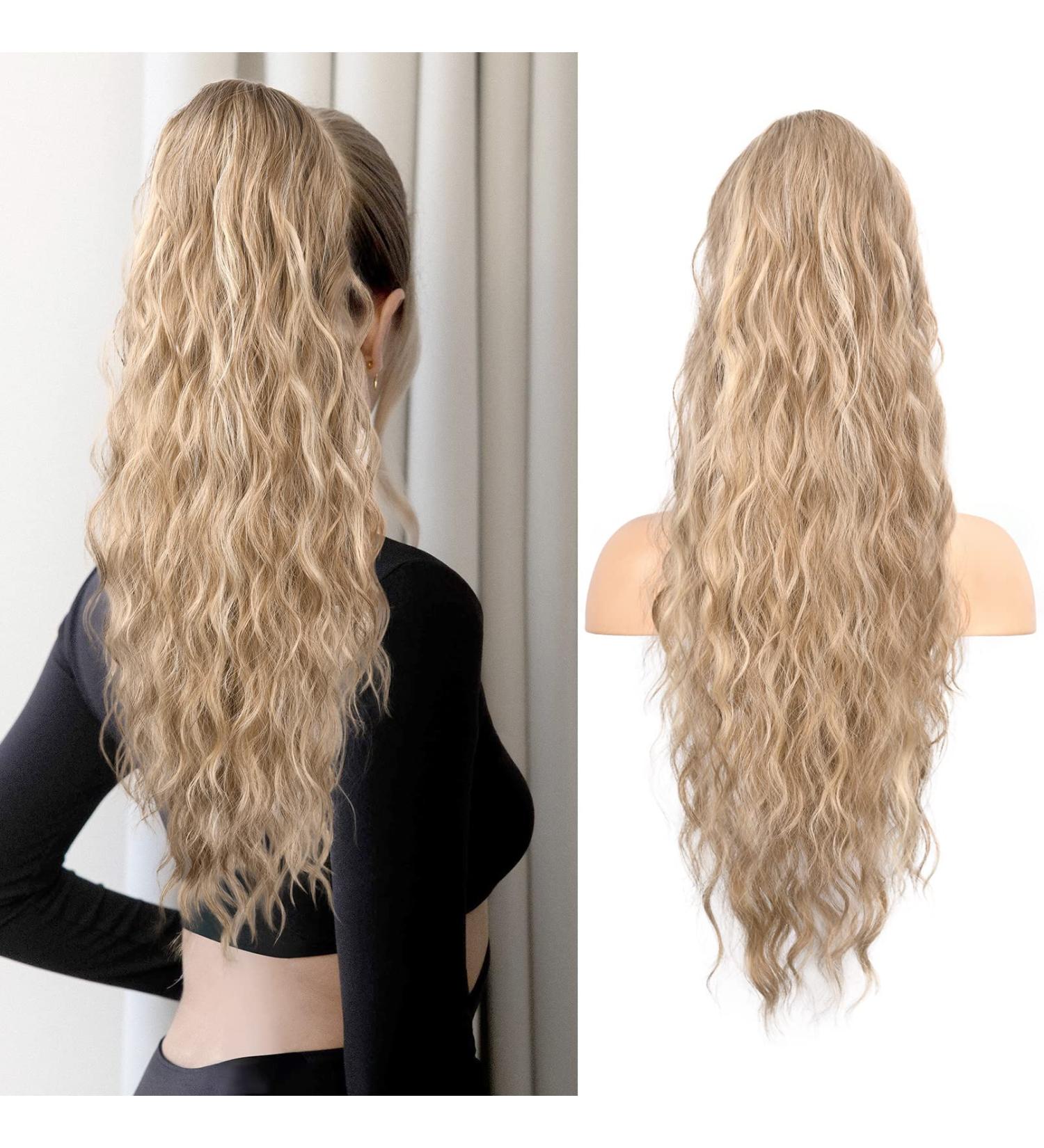 FLUFYMOOZ 26 Inch Dark Ash Blonde Ponytail Extension - Long Curly Wavy Drawstring Hairpiece for Women - Synthetic Daily & Party Wear - Buy Online on GoSupps.com