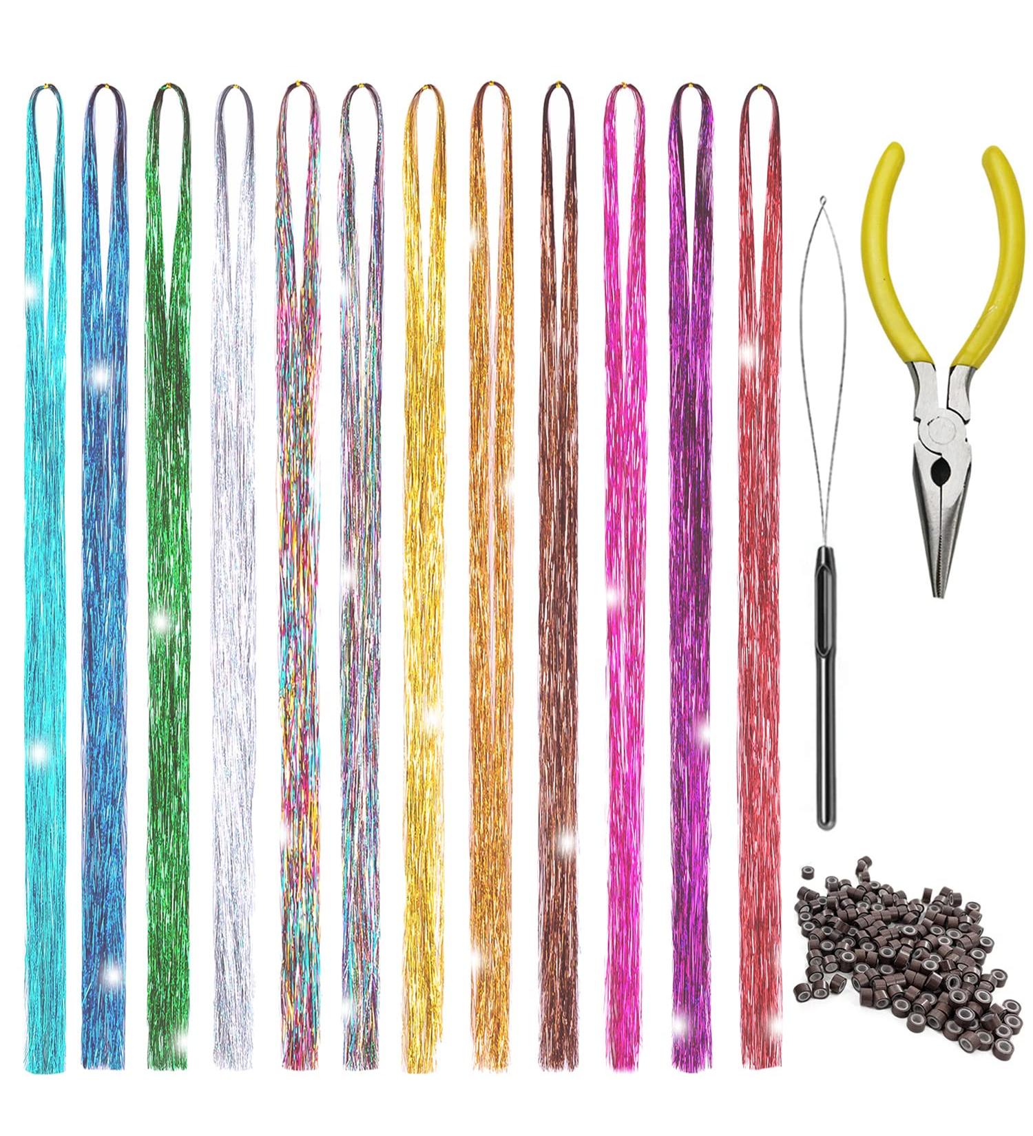 Sparkling Hair Tinsel Kit - 47 Inches, 2400 Strands, 12 Colors - Perfect for Christmas, New Year, Halloween, and Cosplay Parties - Includes 3 Tools - Buy Online on GoSupps.com