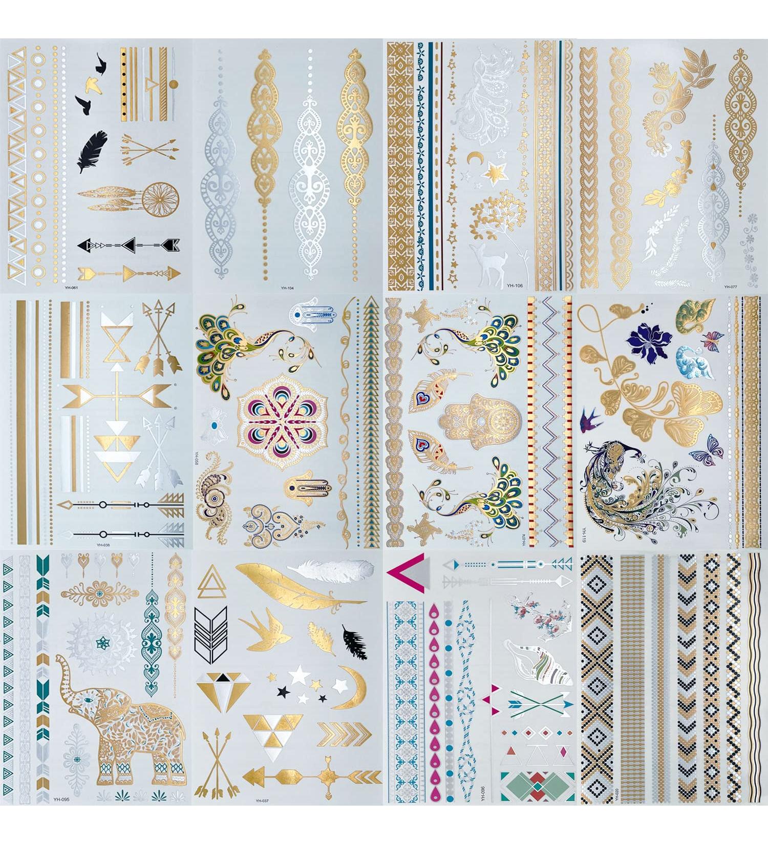 Glitter Temporary Tattoos Set - 12 Gold & Silver Henna Metallic Stickers for Women & Girls | Waterproof & Large | Style9 - Buy Online on GoSupps.com