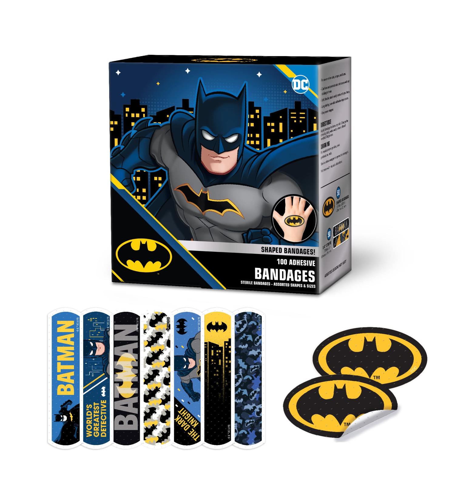 Batman Shaped Kids Bandages - 100 Count, Super Hero Characters, Flexible Adhesive for Blisters, Cuts & Scrapes - First Aid Protection for All Skin Types - Buy Online on GoSupps.com