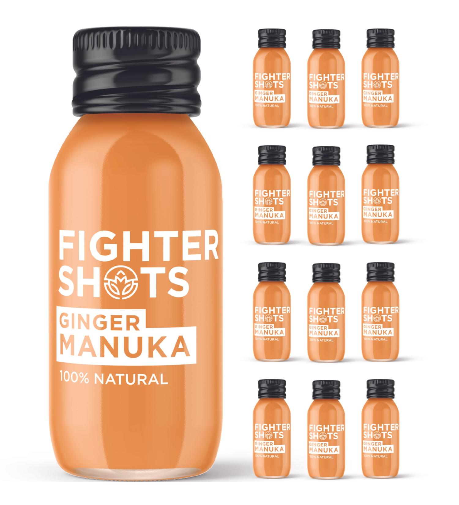 Fighter Shots Ginger Manuka Honey (12x60ml) - Fresh & Fiery Ginger Shots for Immune Support & Energy Boost | 100% Natural - Buy Online on GoSupps.com