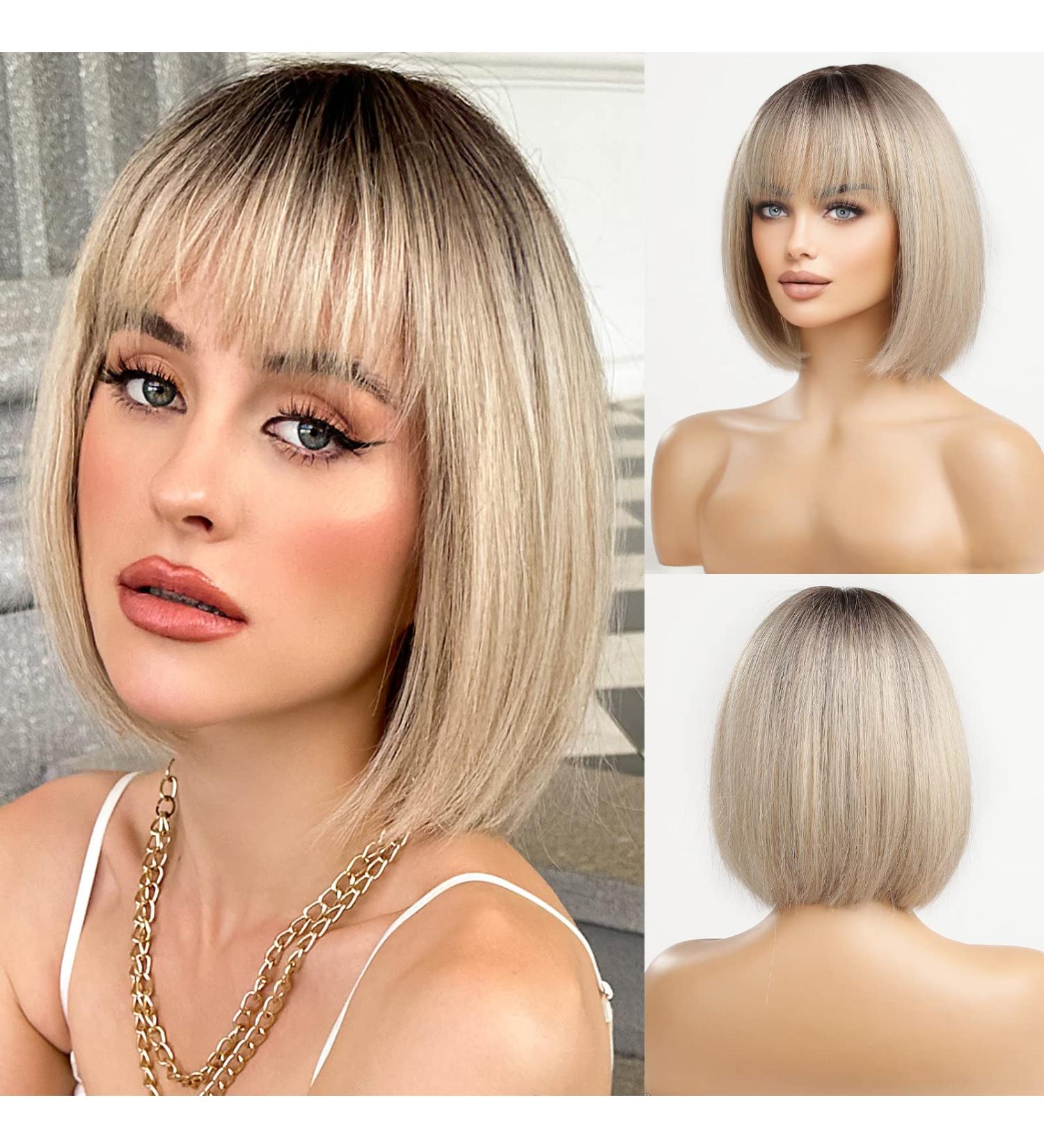 HAIRCUBE Short Blonde Bob Wig for Women | Synthetic Hair with Dark Roots and Bangs - Buy Online on GoSupps.com