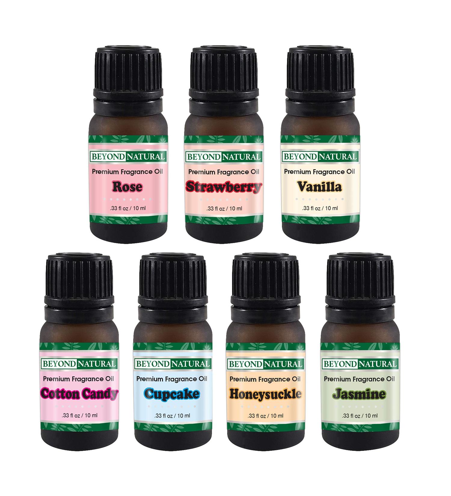 Top Fragrance Oil Set - Best 7 Scented Perfume Oil - Cotton Candy Frosted Cupcake Honeysuckle Jasmine Rose Vanilla & Strawberry - Premium Grade - 10 mL