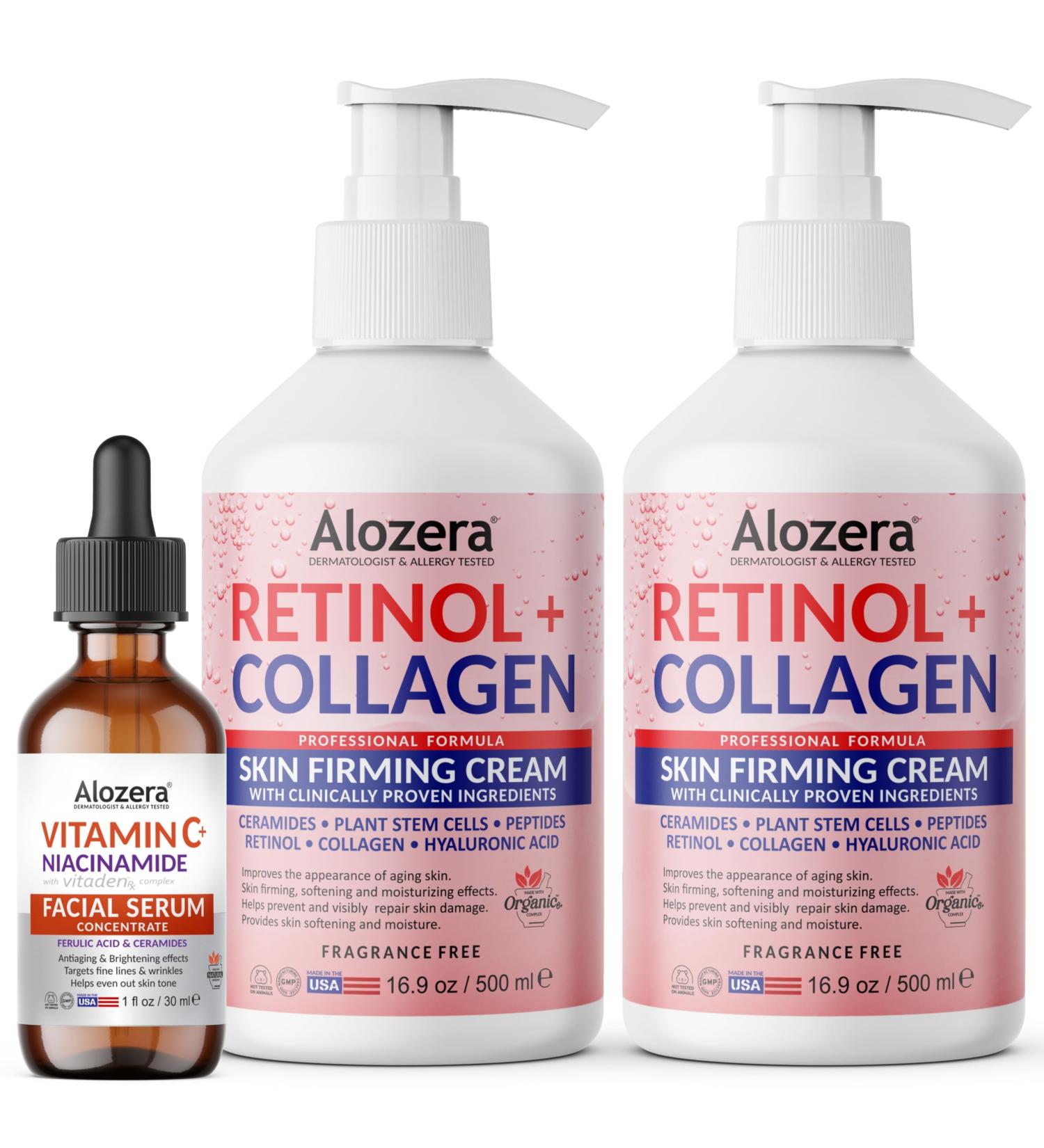 Alozera Retinol + Collagen Firming Body Lotion (2-Pack) with Vitamin C Serum with Niacinamide & Ferulic Acid Firming Hydrating & Radiance-Enhancing Skincare Set for Face Neck & Body Fragrance-Fre - Buy Online on GoSupps.com