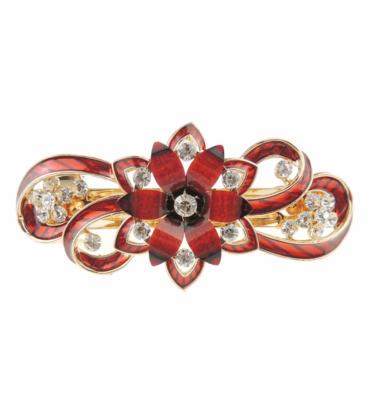 Womens Girls Crystal Rhinestone Diamante Wedding Birthday Party Evening Ponytail Fine Medium Hair Accessories Occasion Barrette Hairpin Grip French Spring Clip Metal Enamel Flower Swirls Red