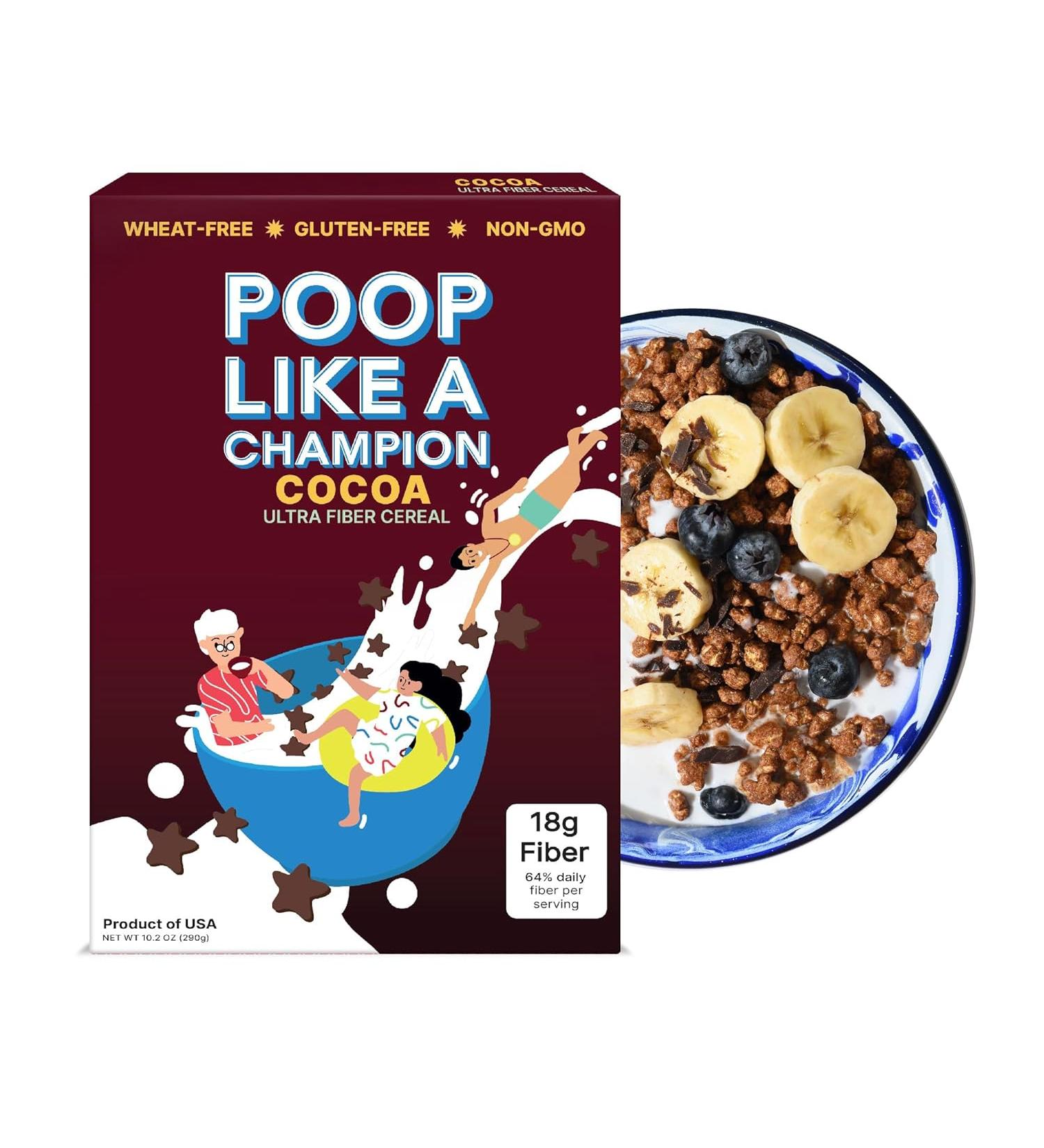Poop Like a Champion Chocolate High Fiber Cereal Gluten Free Healthy Bran Cereal Poop Like A Champion Cocoa Cereal 18g Fiber Constipation Relief - Buy Online on GoSupps.com