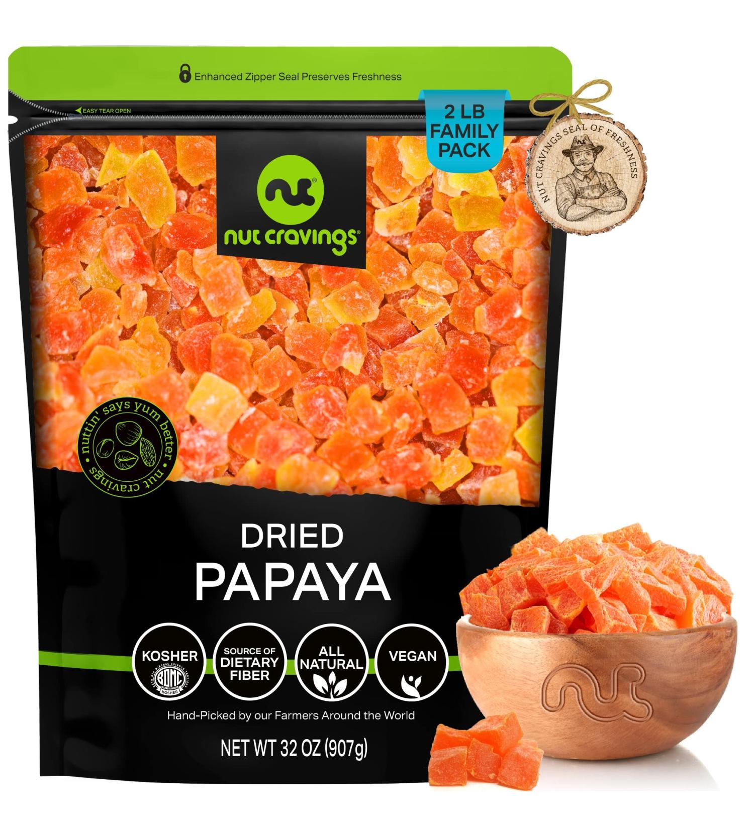 Sun Dried Papaya Chunks with Sugar (32oz) - Sweet Dehydrated Fruit Snack - All Natural, Vegan, Kosher - Fresh & Healthy Treat - Buy Online on GoSupps.com