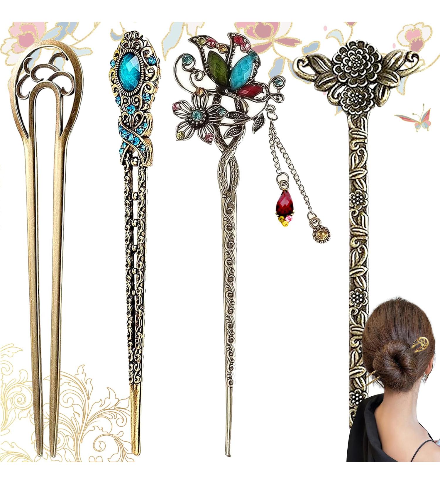 Elegant Benaton 4-Piece Vintage Chinese Hair Needle Set | Antique Bronze Hairpins for Women | Decorative Hairstyle Accessories for Celebrations & Daily Use - Buy Online on GoSupps.com