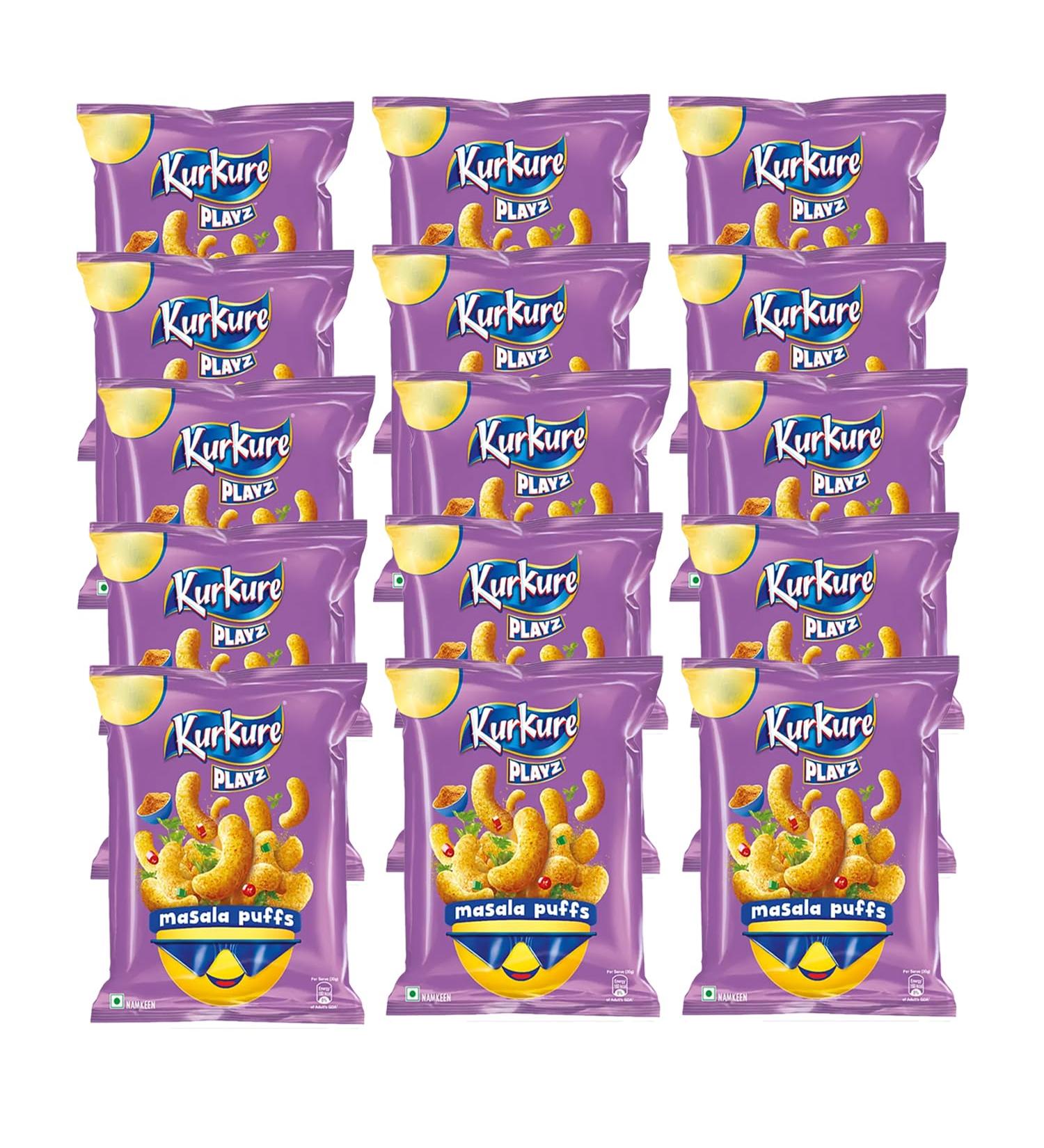 Kurkure (Playz Masala Puffs) (55 Gram) - Playful Shapes provide a satisfying mouthfeel with every bite (Pack of 15) - Buy Online on GoSupps.com