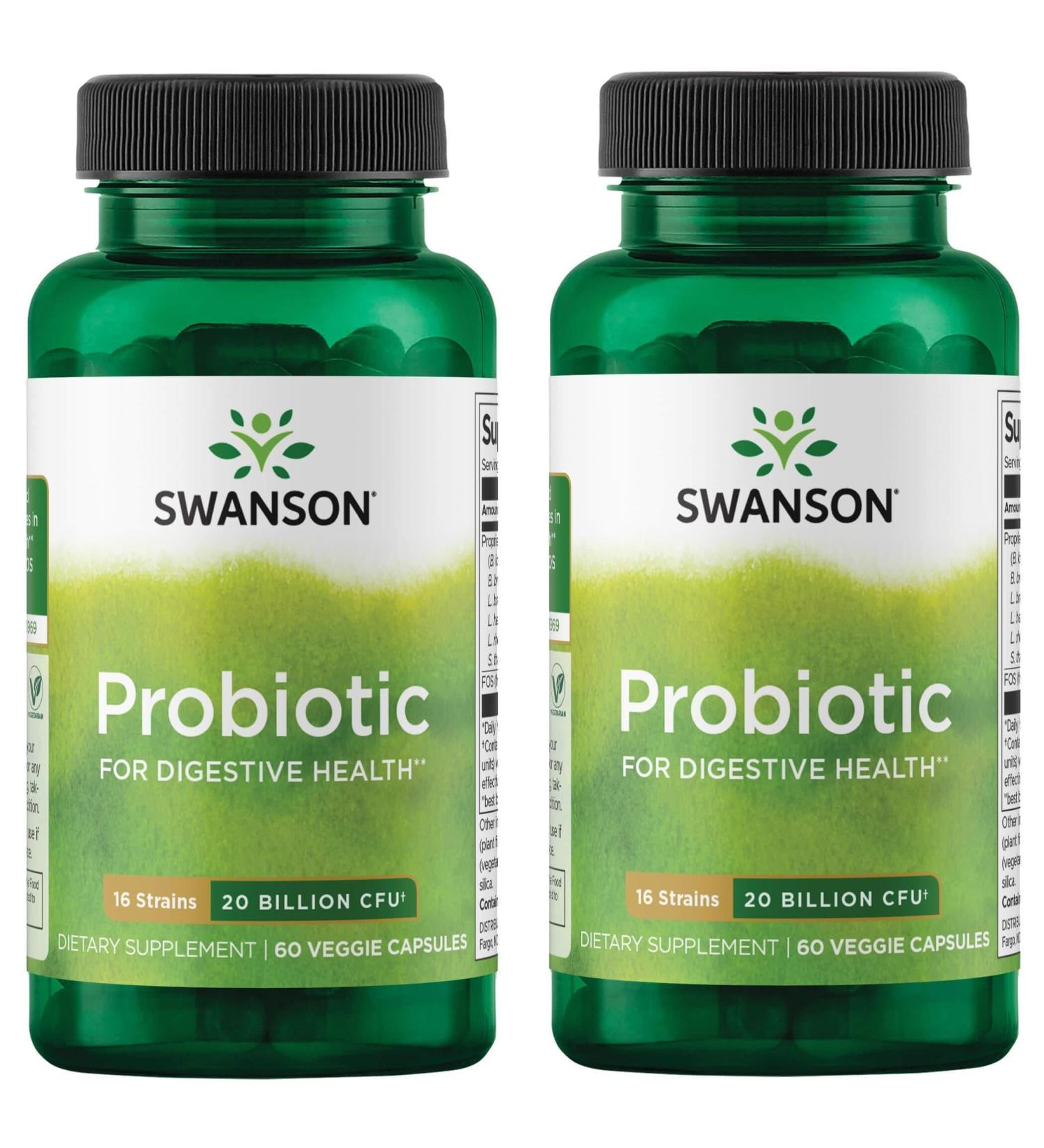 Swanson Probiotic for Digestive Health GI Tract Immune Support Travelers Support 20 Billion CFU with Prebiotic FOS 60 Veggie Capsules (Caps) (2 Pack)