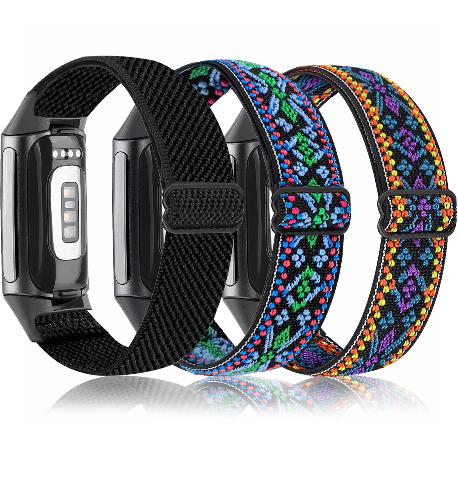 3 Pack Osber Elastic Bands for Fitbit Charge 5 - Soft Stretchy Replacement Wristbands for Women/Men - Graphite Connector - Black/Aztec Green/Aztec Purple - Buy Online on GoSupps.com