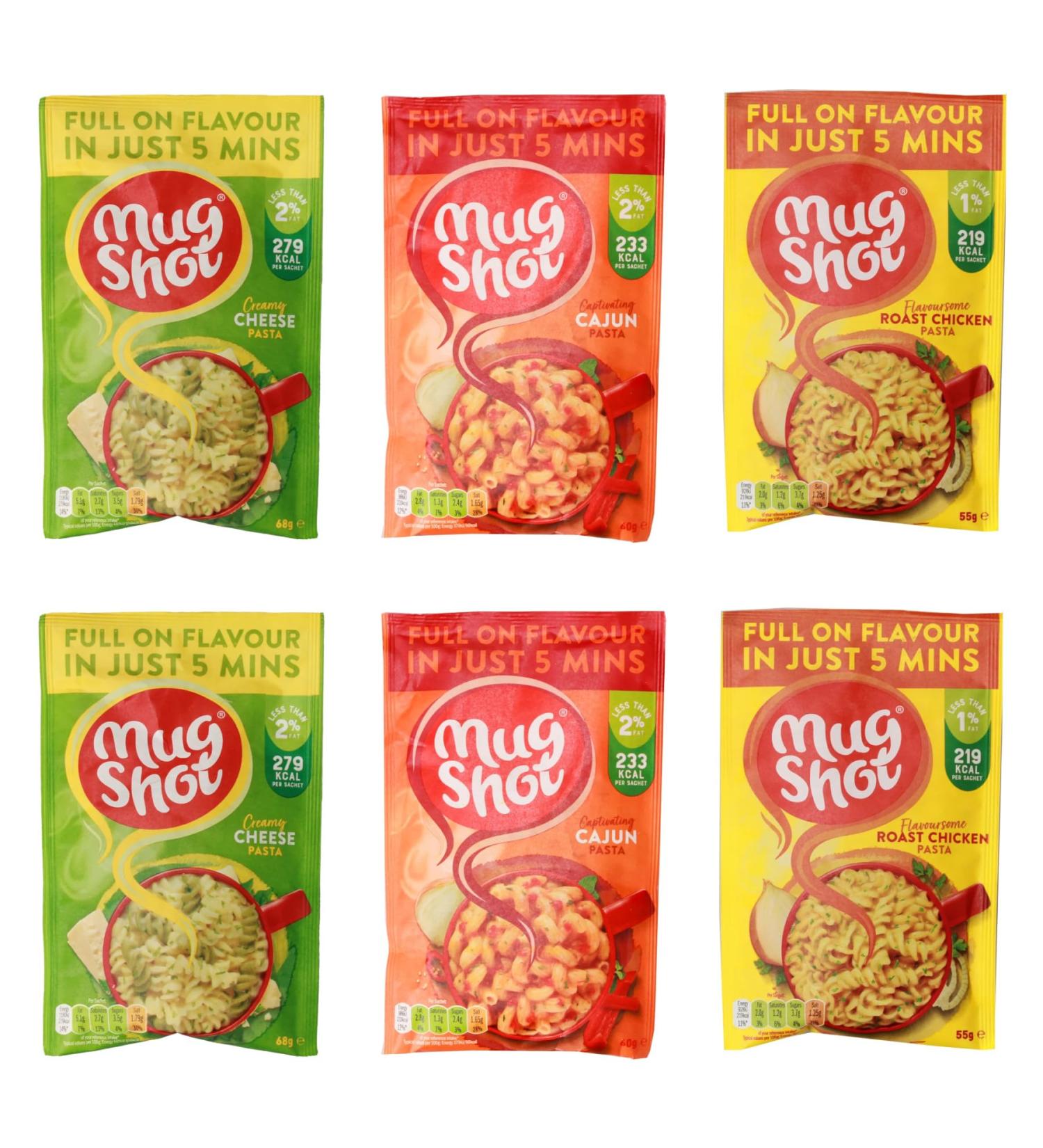 Instant Pasta Variety Bundle 366g - Mugshot Creamy Cheese Cajun & Roast Chicken Flavours - Ready in 5 Minutes - Buy Online on GoSupps.com