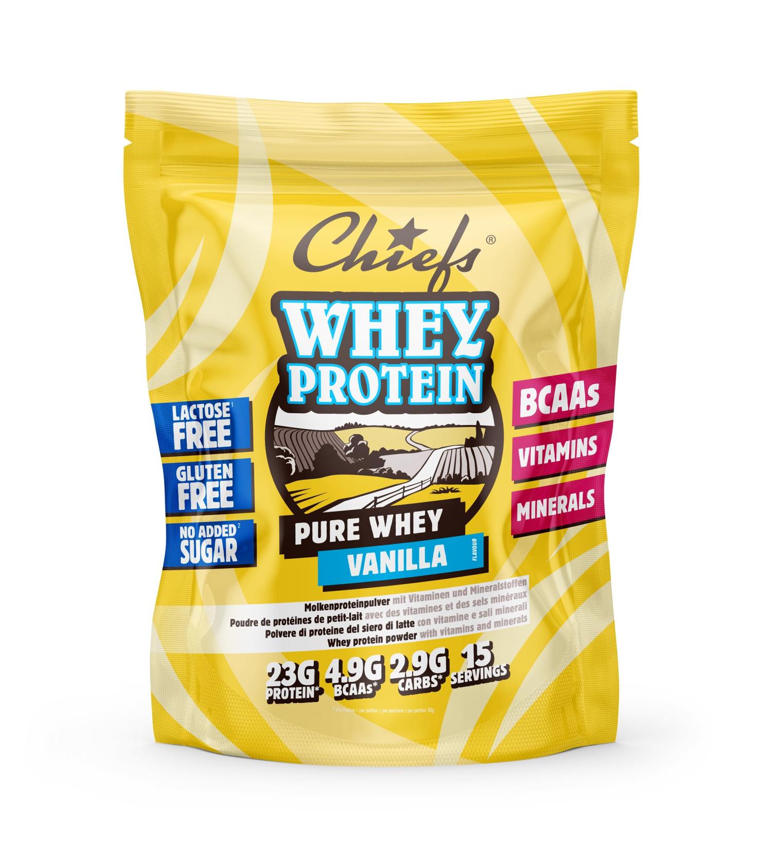 Poudre de prot ines de lactos rum Chiefs (Vanilla 450 g) 24 g de prot ines par portion pour la construction musculaire Avec BCAA et vitamines Sans lactose faible en mati res grasses - Buy Online on GoSupps.com