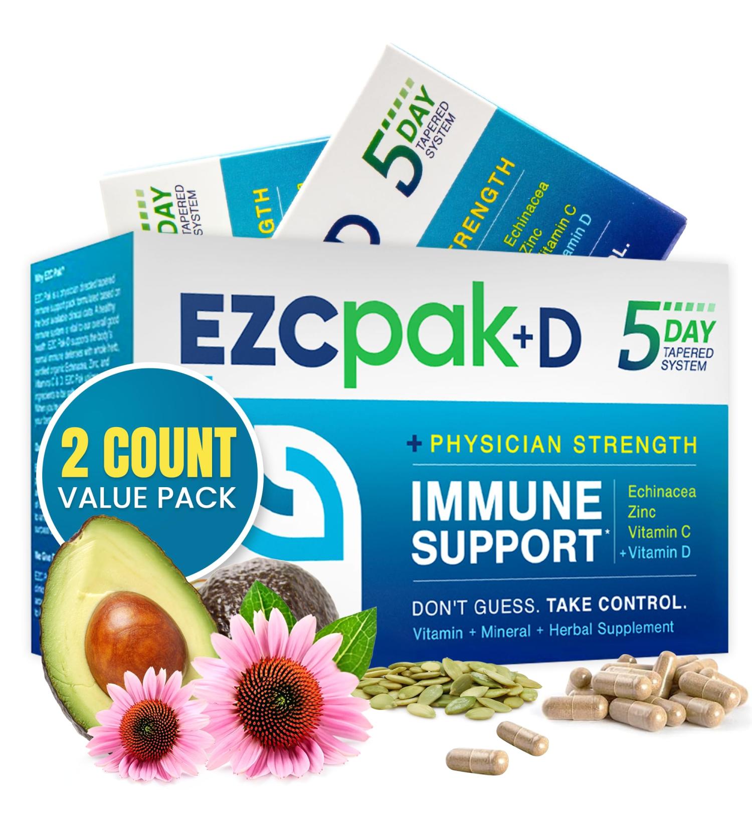 EZC Pak 5-Day Immune System Booster with Echinacea Vitamin C Zinc & Vitamin D - Tapered Immune Support Supplement for Adults - Supports Immunity Easy Travel-Size Supplement Pack - (Pack of 2) 1 Count (Pack of 2) - Buy Online on GoSupps.com