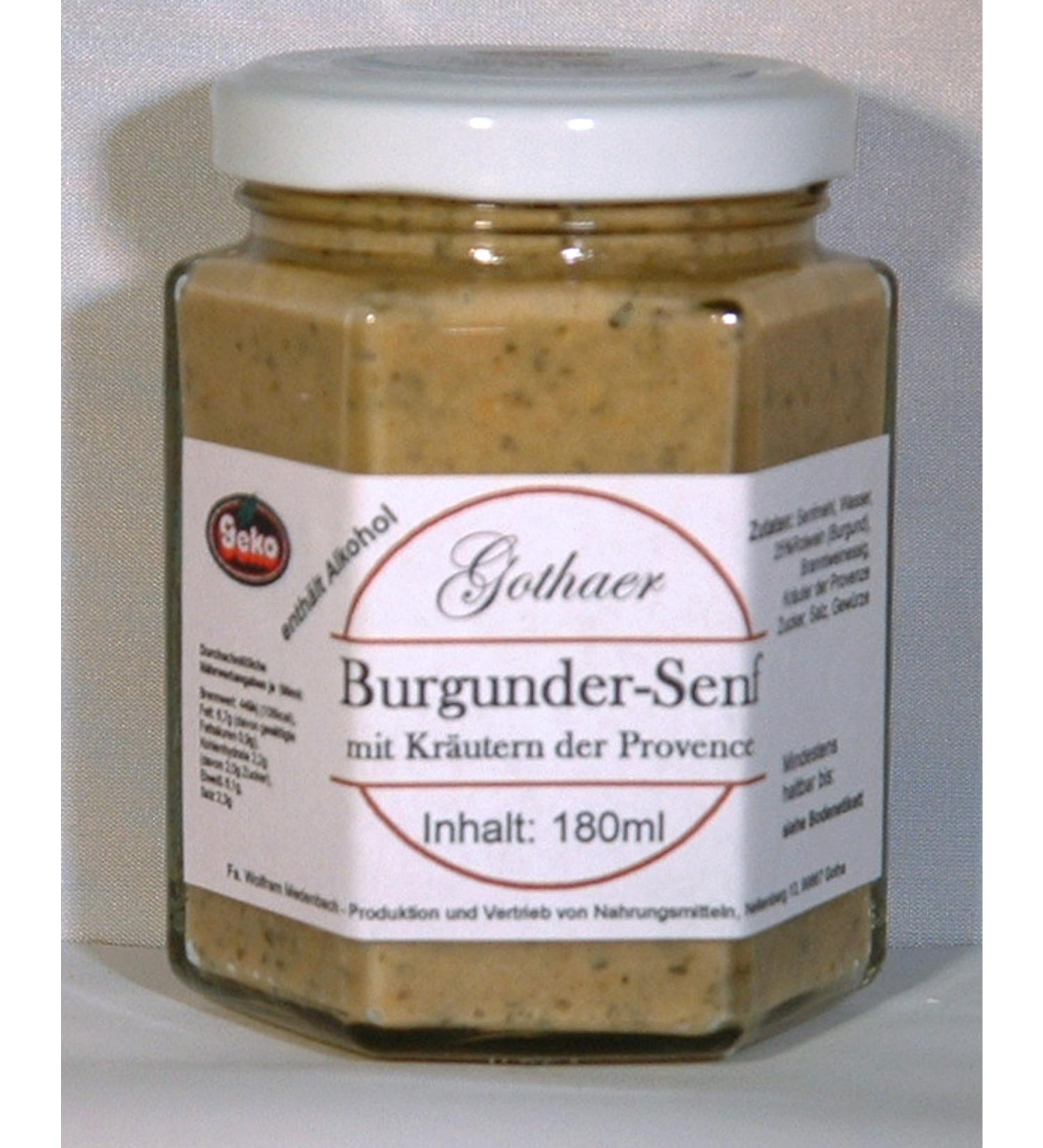 Geko Gothaer-Senf original in a 180ml hexagonal glass in original packaging in variants (Burgundy Senf with herbs of Provence)