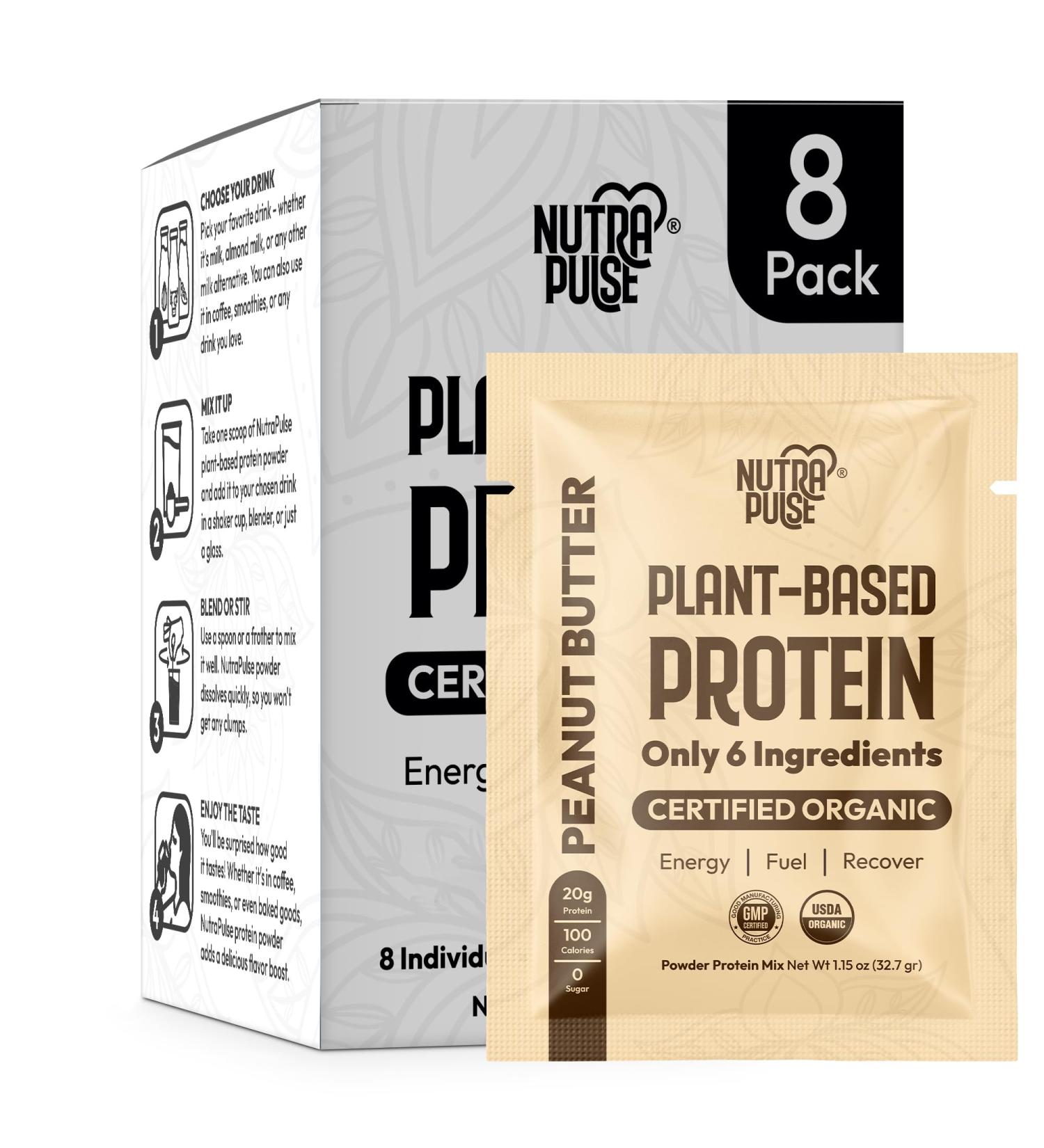Organic Vegan Protein Powder Sample Pack - 20g Plant-Based Protein Gluten-Free Non-GMO Perfect for Smoothies & Shakes - Peanut Butter (Pack of 8 - Buy Online on GoSupps.com