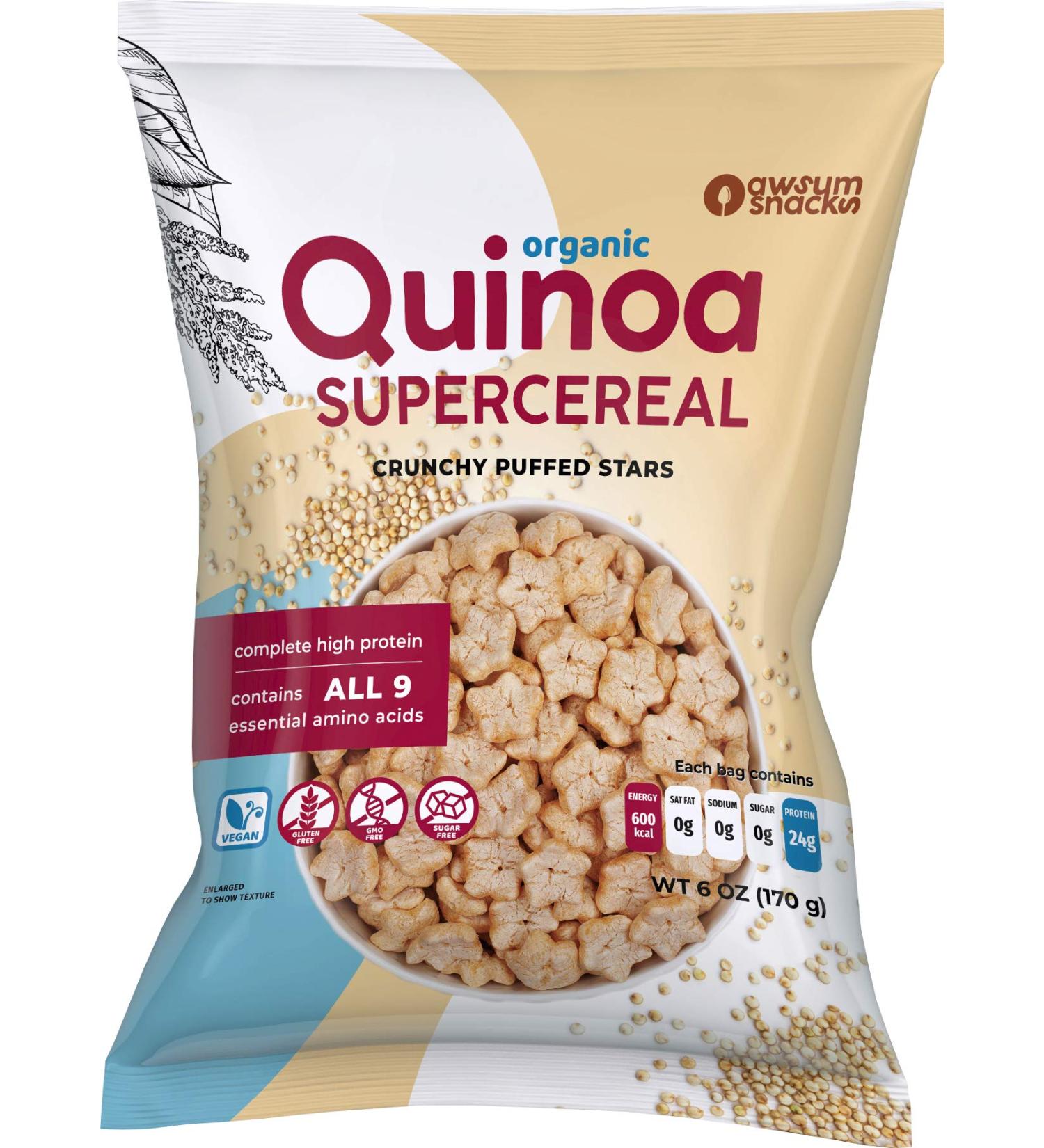 Awsum Snacks Quinoa SUPERCEREAL 6oz Bag - Vegan, Gluten-Free & Sugar-Free - Diabetic Kosher Healthy Snack - Puffed Quinoa Plain 6 Ounce - Buy Online on GoSupps.com