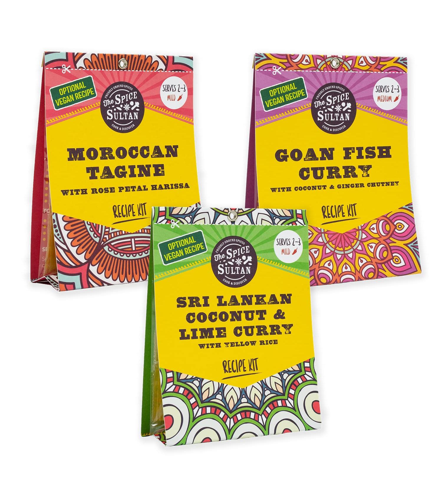 The Spice Sultan World Explorer Kit - 3 Gluten-free Vegan Meal Kits with Recipes: Goan Fish Curry, Moroccan Tagine, Sri Lankan Coconut & Lime Curry - Buy Online on GoSupps.com