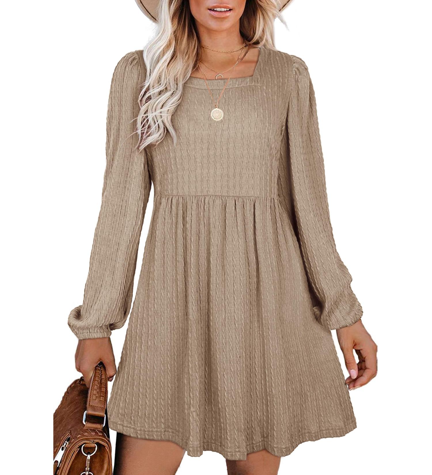 Aokosor Long Sleeve Knit Dress | Square Neck Jumper Dress | Knee Length Babydoll - Apricot - Buy Online on GoSupps.com
