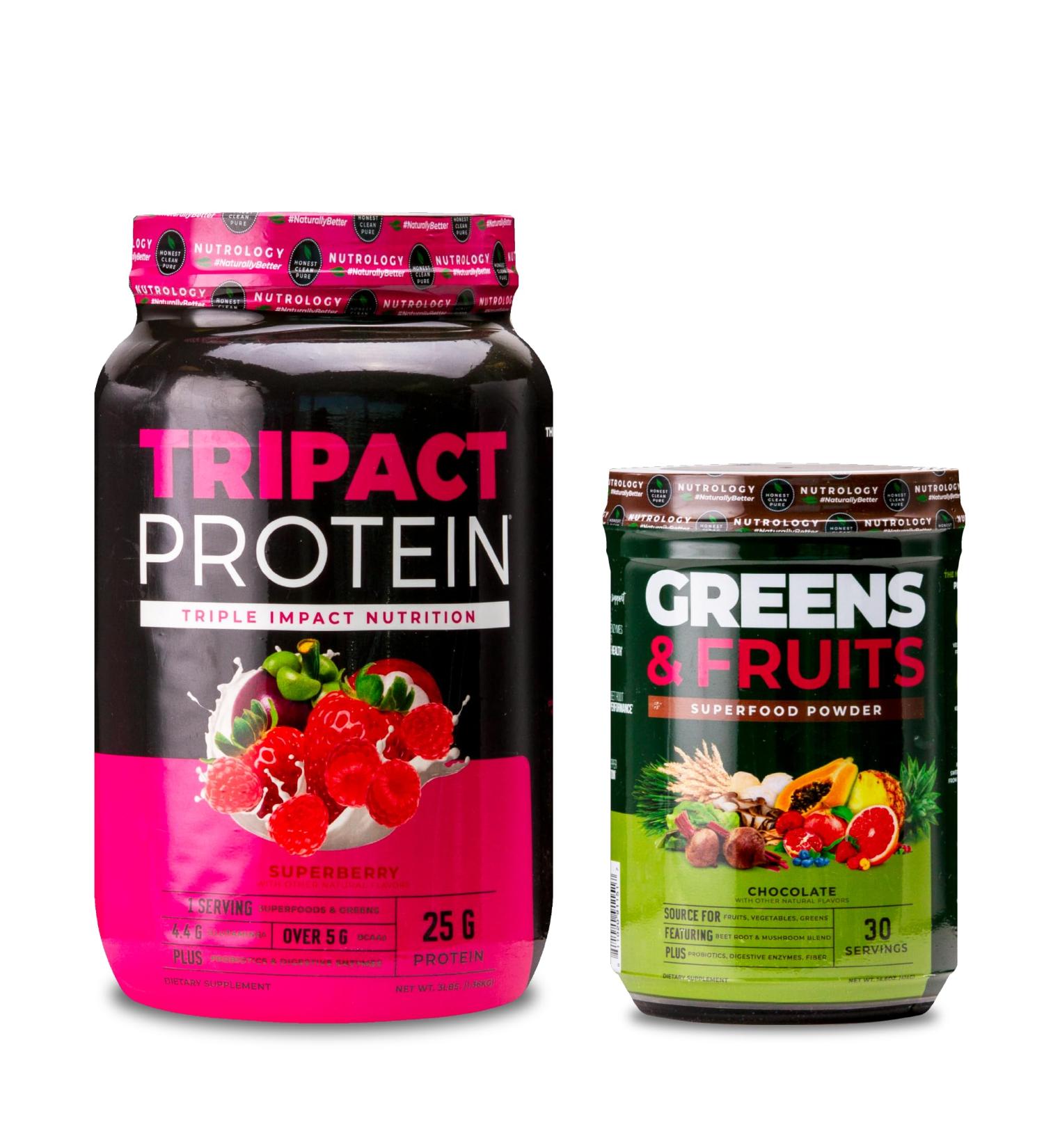 Nutrology TRIPACT Protein Powder 7-in-1 Meal Replacement Shake Superberry (40 Servings) Greens & Fruits Powder-Naturally Sourced Superfood Chocolate (30 Servings) - Buy Online on GoSupps.com
