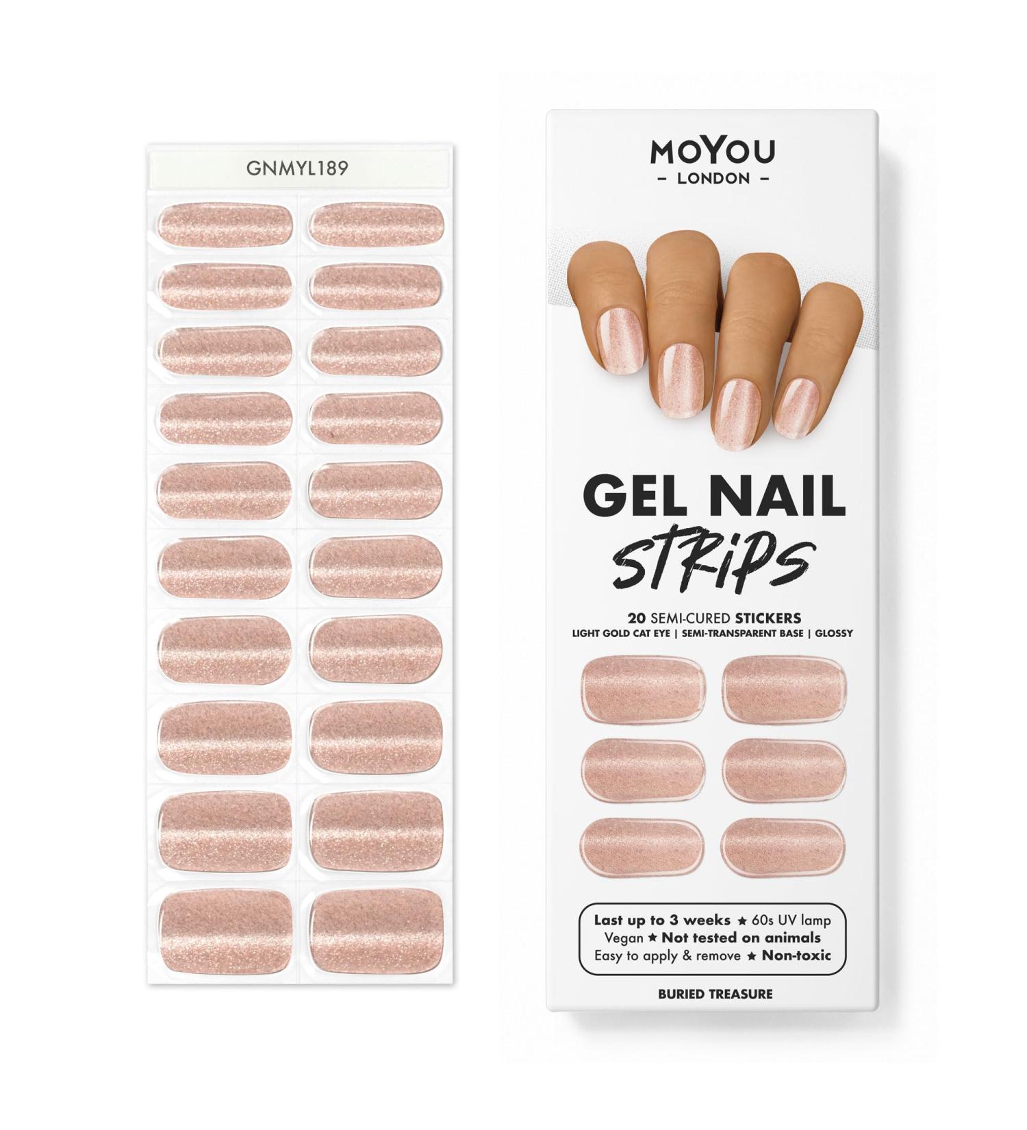 MoYou London Half-Hardened UV Gel Strips - 20 Pieces for Salon-Quality Manicures | Includes Nail File & Wood Shaker | Buried Treasure - Buy Online on GoSupps.com