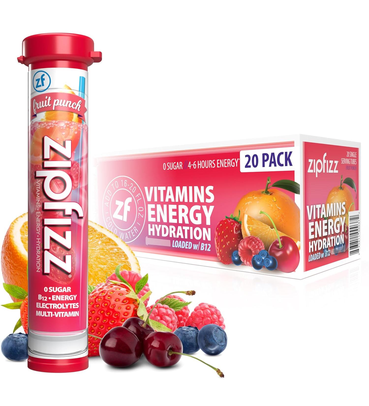 Zipfizz Healthy Energy Drink Mix Hydration with B12 and Multi Vitamins 20 Tubes - Fruit Punch - Buy Online on GoSupps.com