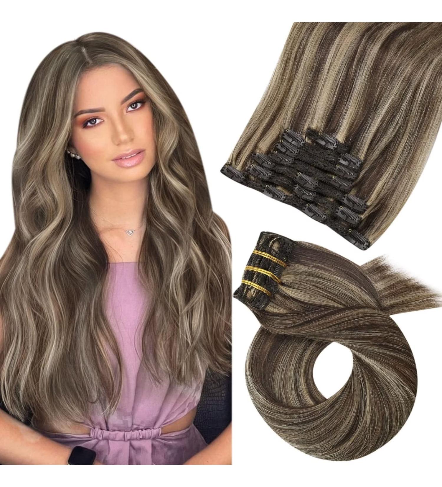 Moresoo Clip in Human Hair Extensions - Dark Brown with Caramel Blonde Highlights, 24 Inch, 7 Pieces/120g #P4/27 - Buy Online on GoSupps.com