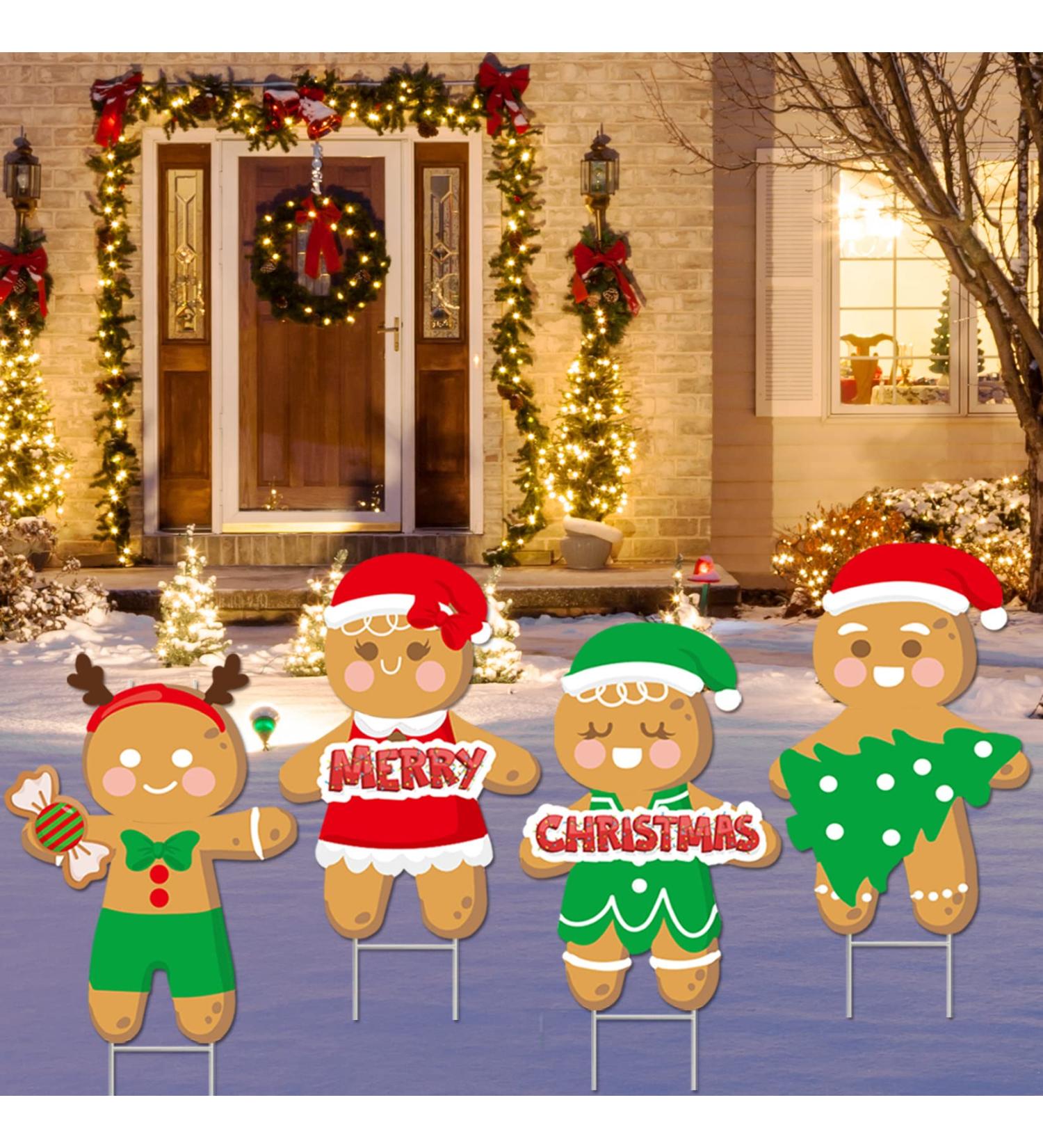 4Pcs Large Merry Christmas Gingerbread Man Yard Sign Set - Colorful Holiday Decorations for Home Lawn & Patio - Buy Online on GoSupps.com