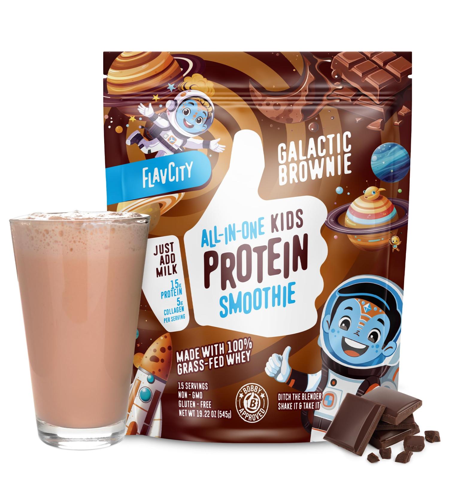 FlavCity All-In-One Protein Smoothie for Kids - Galactic Brownie | Grass-Fed Whey Protein 15g Protein & 5g Collagen Gluten-Free Non-GMO - 15 Servings - Buy Online on GoSupps.com