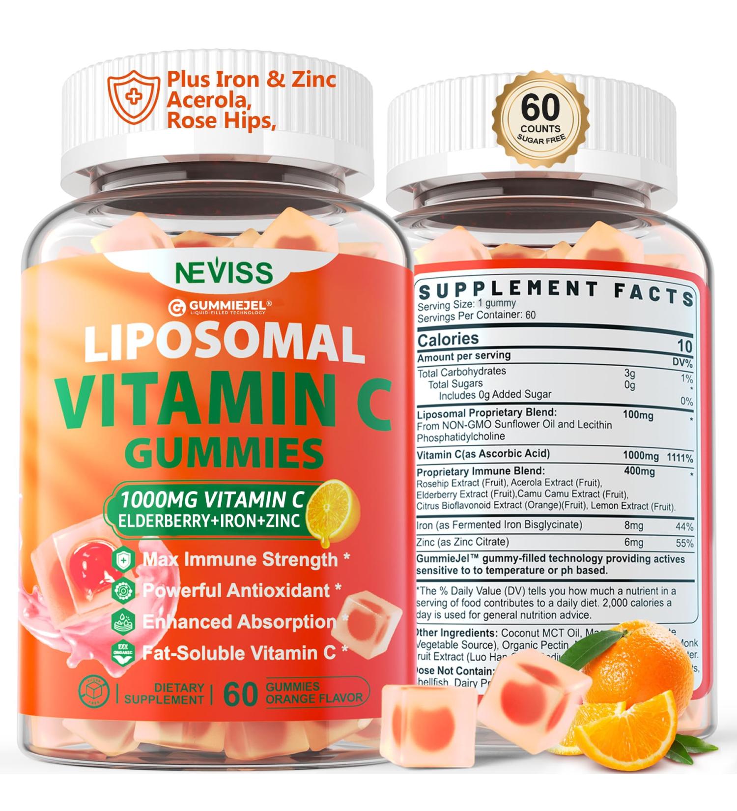 Liposomal Vitamin C 1000mg Gummies for Adults - Vitamin C Chewable 1500mg with 8mg Iron Zinc & Elderberry - Immune Support Immune Booster Supplement - for Energy Collagen Booster 1Pack Sugar Free 60 Count (Pack of 1) - Buy Online on GoSupps.com