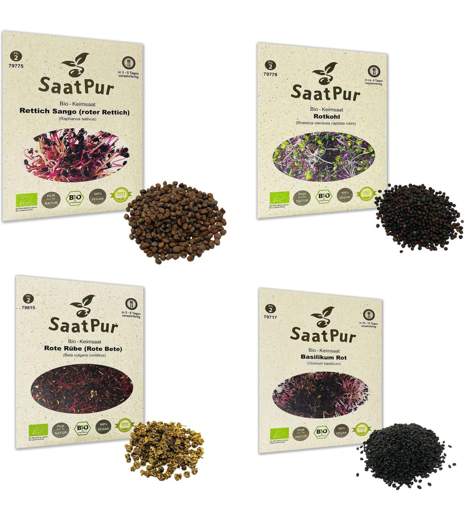 SaatPur ORGANIC Sprouts Assortment | 4 Varieties: Red Energy Mix Radish Red Cabbage Basil Beetroot - International Shipping Available - Buy Online on GoSupps.com