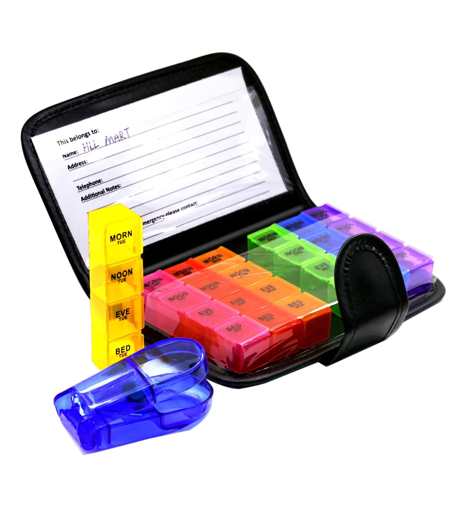 Easy Open 7 Day Travel Pill Organizer Box - Small to Medium Weekly Case for Medications Vitamins & Prescriptions - Includes Tablet Cutter - Rainbow Reminder - Buy Online on GoSupps.com