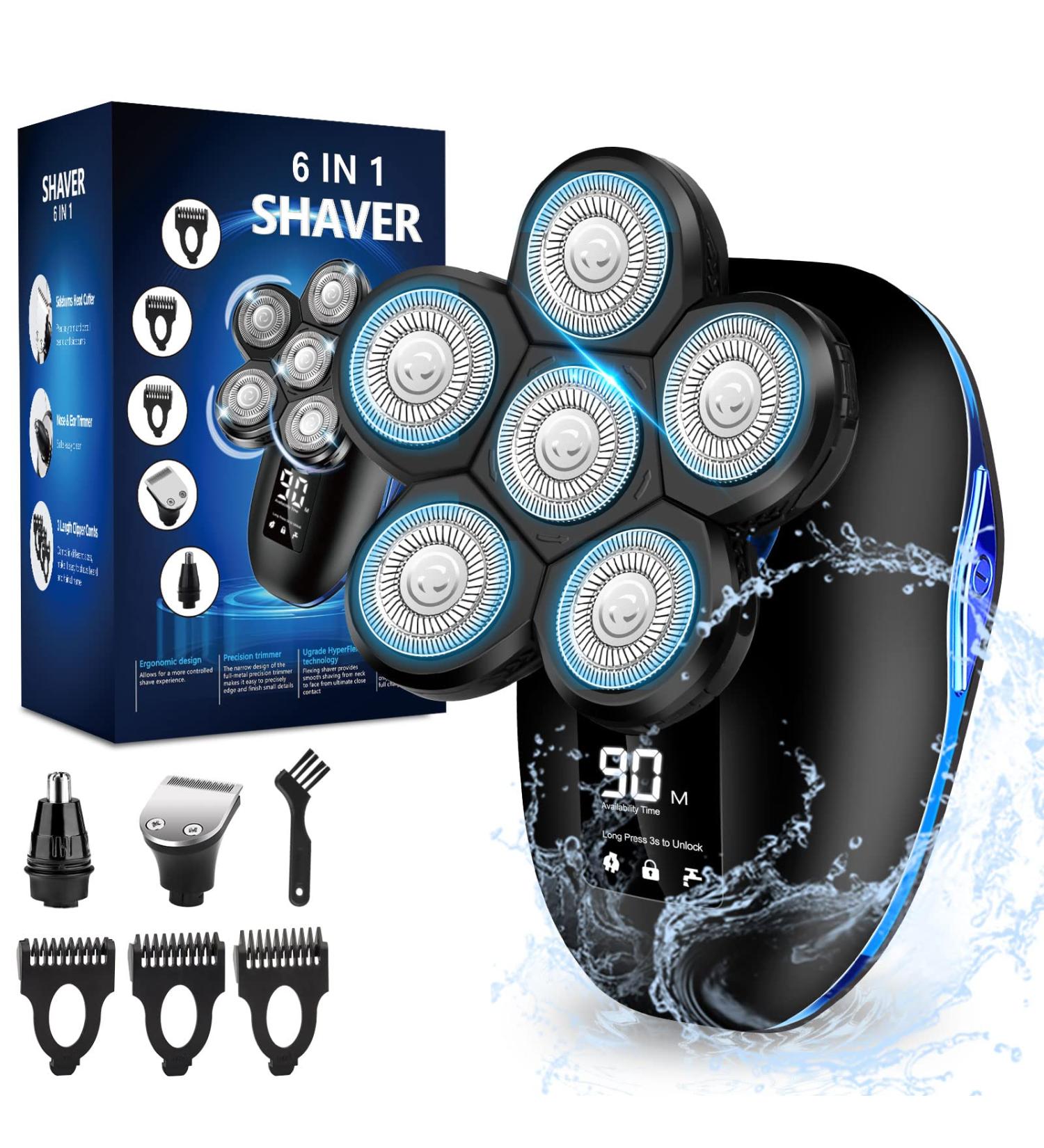 Sakioo Electric Head Shaver for Bald Men - 6 in 1 Waterproof Cordless Razor with LED Display - Ultimate Bald Head Care Kit - Buy Online on GoSupps.com