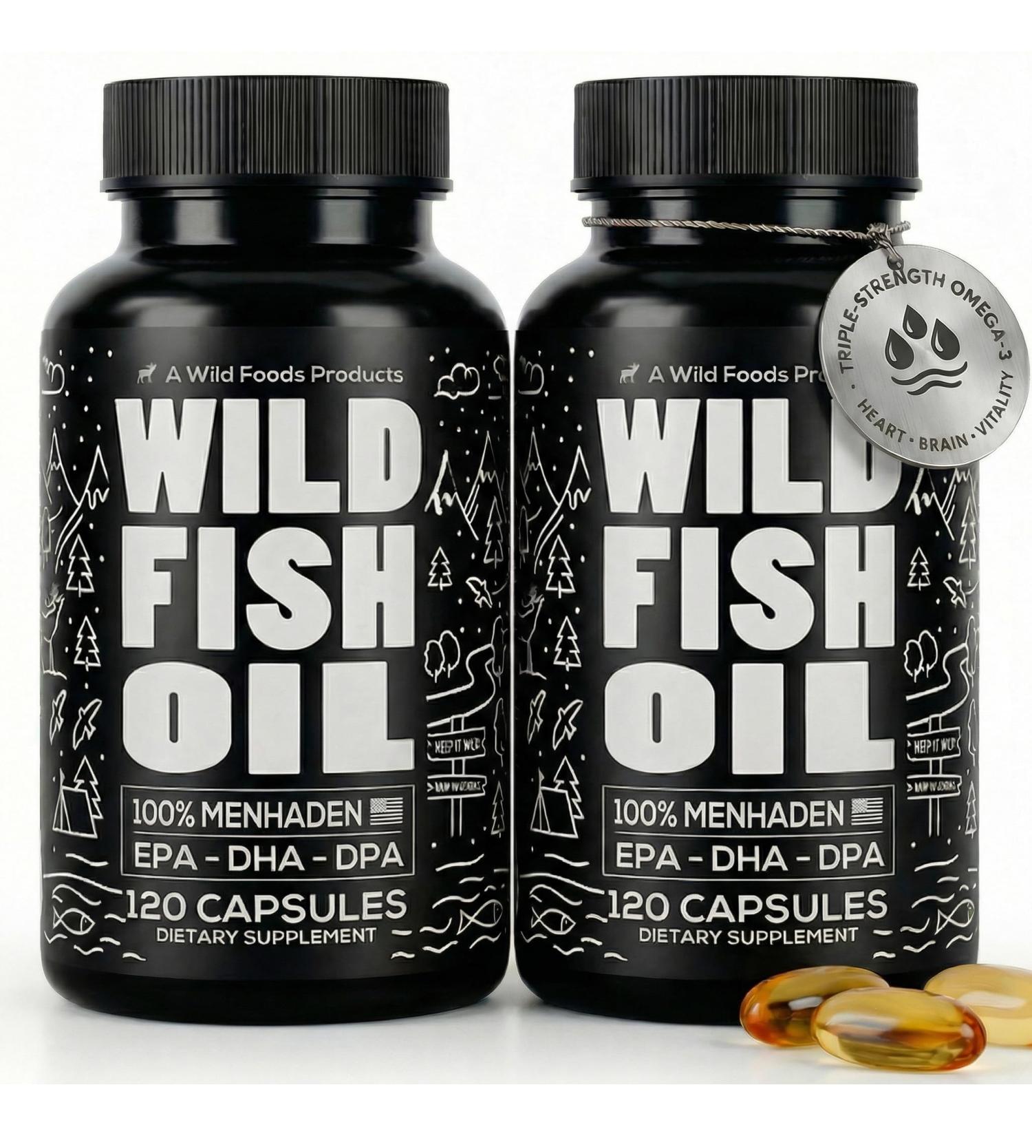 Wild Foods Omega 3 Fish Oil Supplement 120 Capsules (2 pk) | Wild Caught Burpless Odorless Non-GMO Gluten Free | DPA DHA EPA Triple Strength Joint Nutrition for Women & Men 120 Count (Pack of 2) - Buy Online on GoSupps.com
