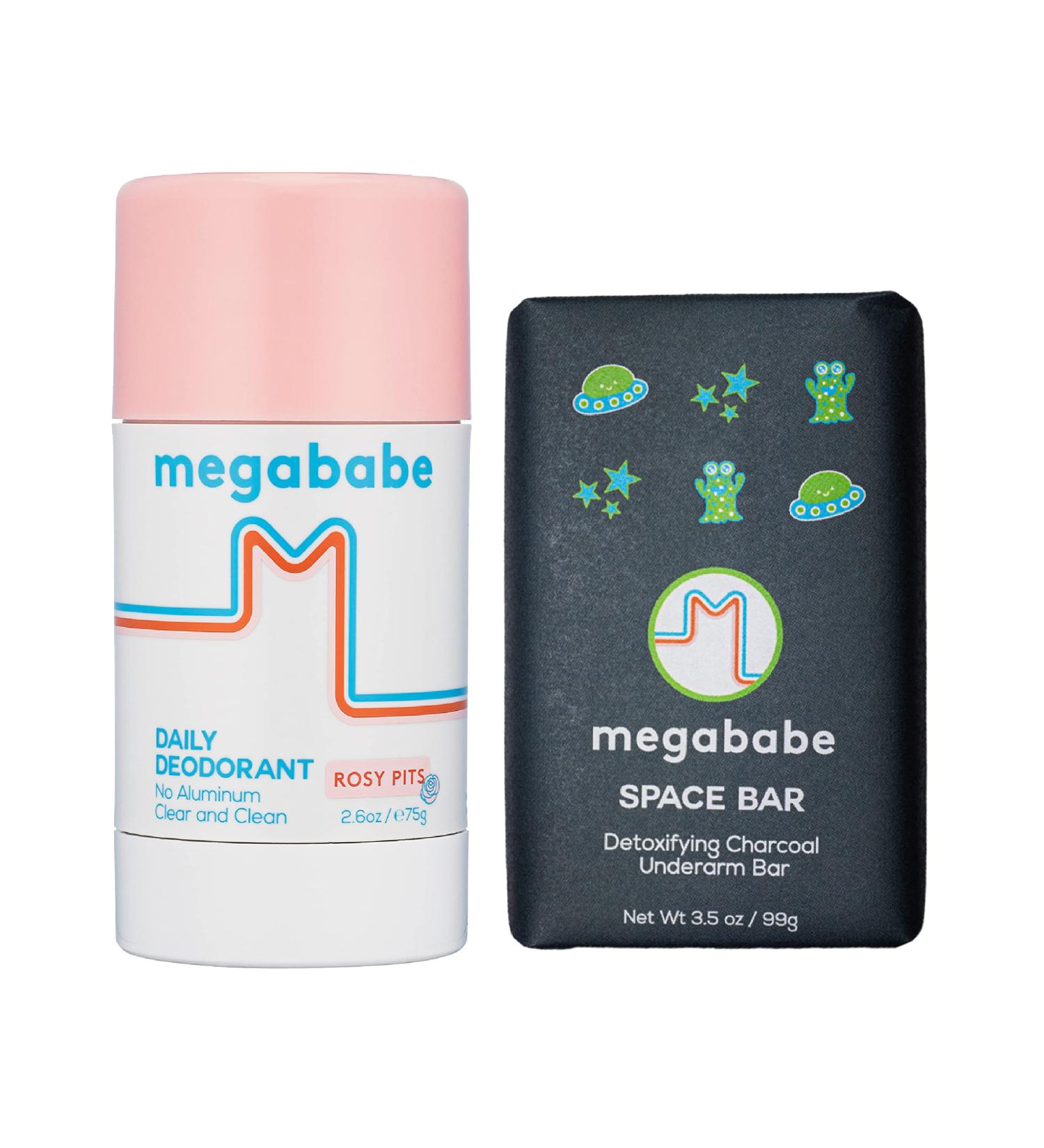 Megababe Underarm 2-Piece Bundle - Rosy Pits Daily Deodorant 2.6 oz & Space Bar Detox Soap 3.5 oz | Odor Protection Aluminum Free - Buy Online on GoSupps.com