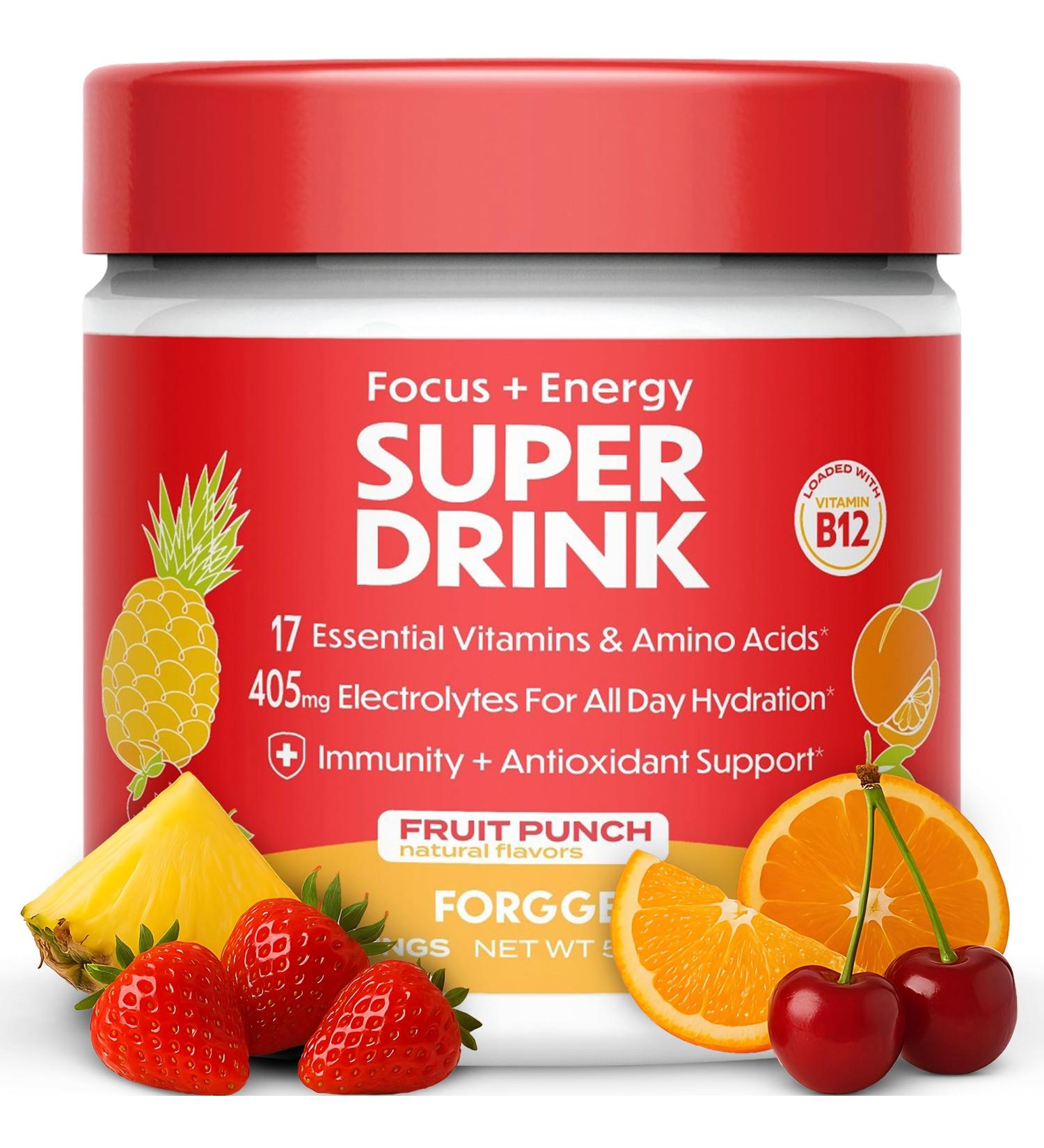Forgge Healthy Energy Drink Powder Mix - Clean Caffeine + B12 B6 C & D Vitamins - Sugar Free Energy Drink Powder with Electrolytes Amino Acids Antioxidants Lions Mane - Vegan Keto-Friendly - 30 SVG Fruit Punch - Buy Online on GoSupps.com