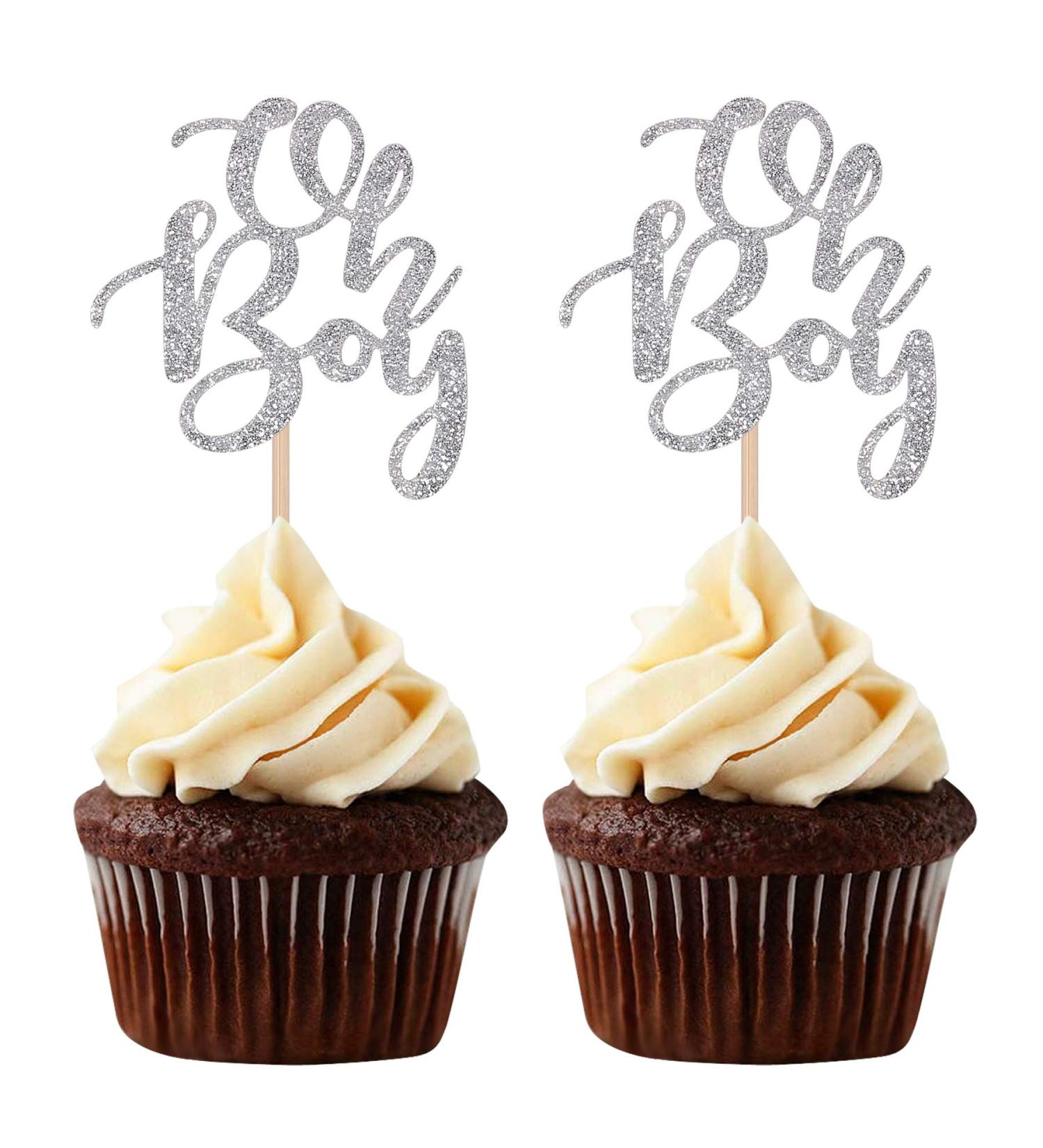 Silver Oh Boy Cupcake Toppers Party Decors Baby Shower Decoration Picks - Set of 24