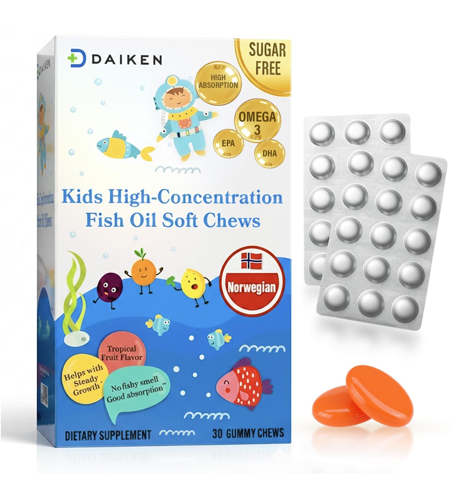 DAIKEN Kids High-Concentration Omega-3 Fish Oil Gummies No Sugar Added Individually Wrapped 300 mg Omega-3 (DHA & EPA) with Vitamin D3 30 Count Tropical Fruit Flavor Norwegian Sourced 30 Count (Pack of 1) - Buy Online on GoSupps.com