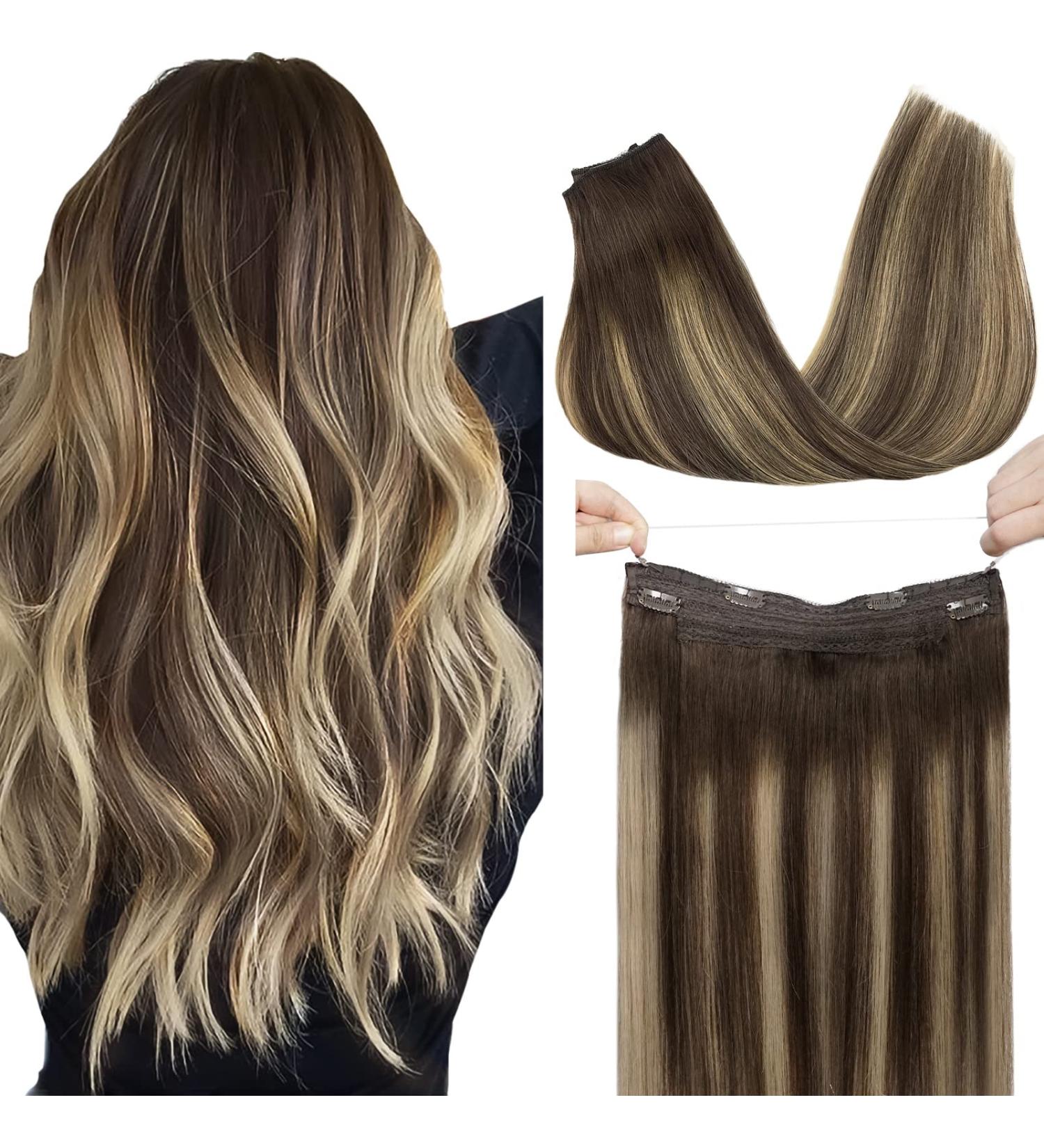 GOO GOO Halo Hair Extensions Human Hair Ombre Chocolate Brown to Honey Blonde 14 - 70g, Real Hairpiece with Invisible Fish Line - Straight, 4/26/4 - Buy Online on GoSupps.com