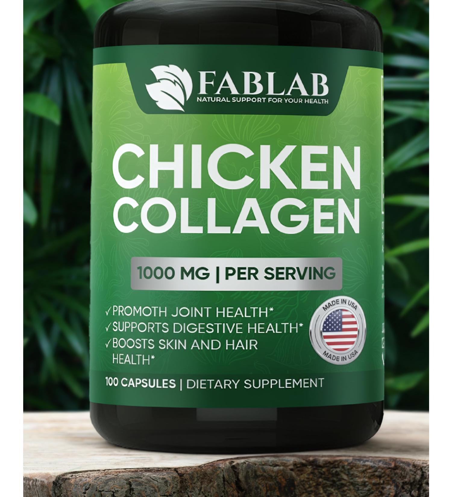 FabLab Chicken Collagen Type II Supplement - Nutritional Supplement for Joint, Nerve & Bone Support - Non-GMO, Anti-Aging Dietary Product with Hydrolyzed Peptides- 100 Capsules Chicken Collagen 100 capsules - Buy Online on GoSupps.com